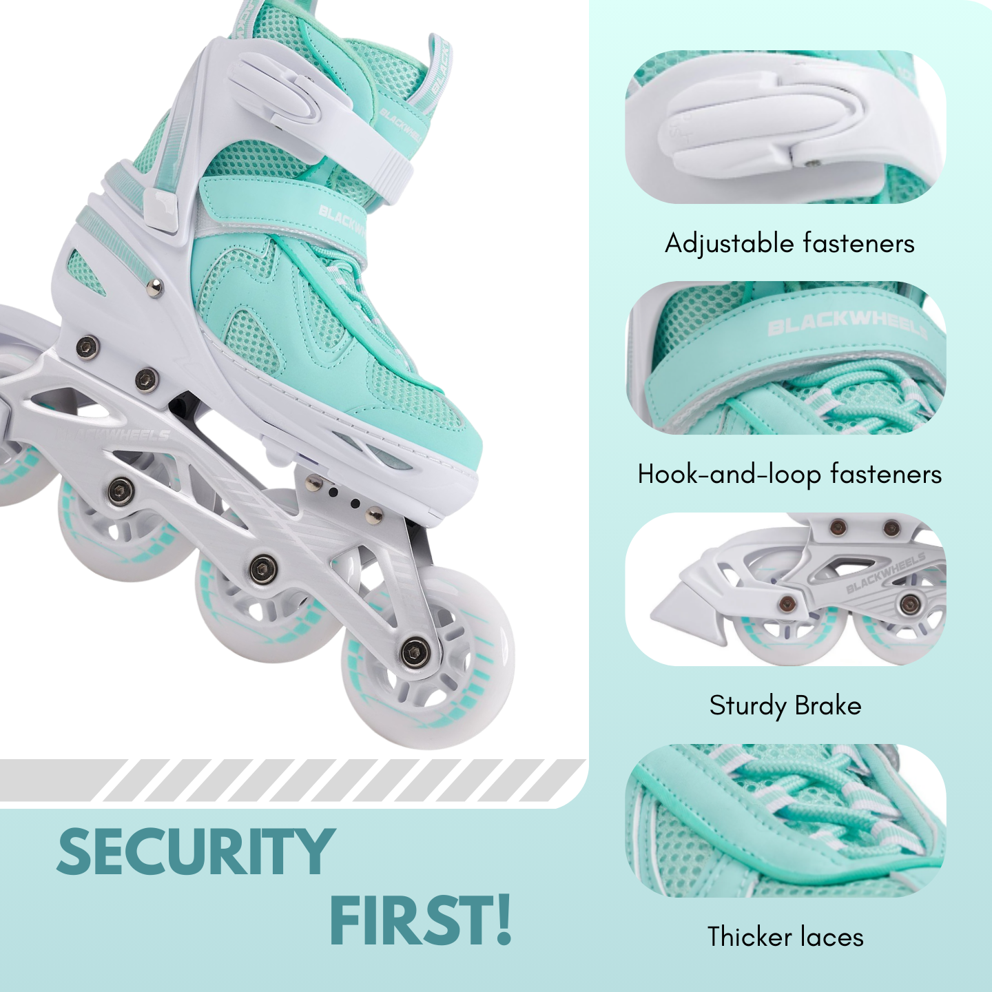 Ein mintgrüner und weißer Rollschuh mit drei Rädern und Verstellmöglichkeiten.