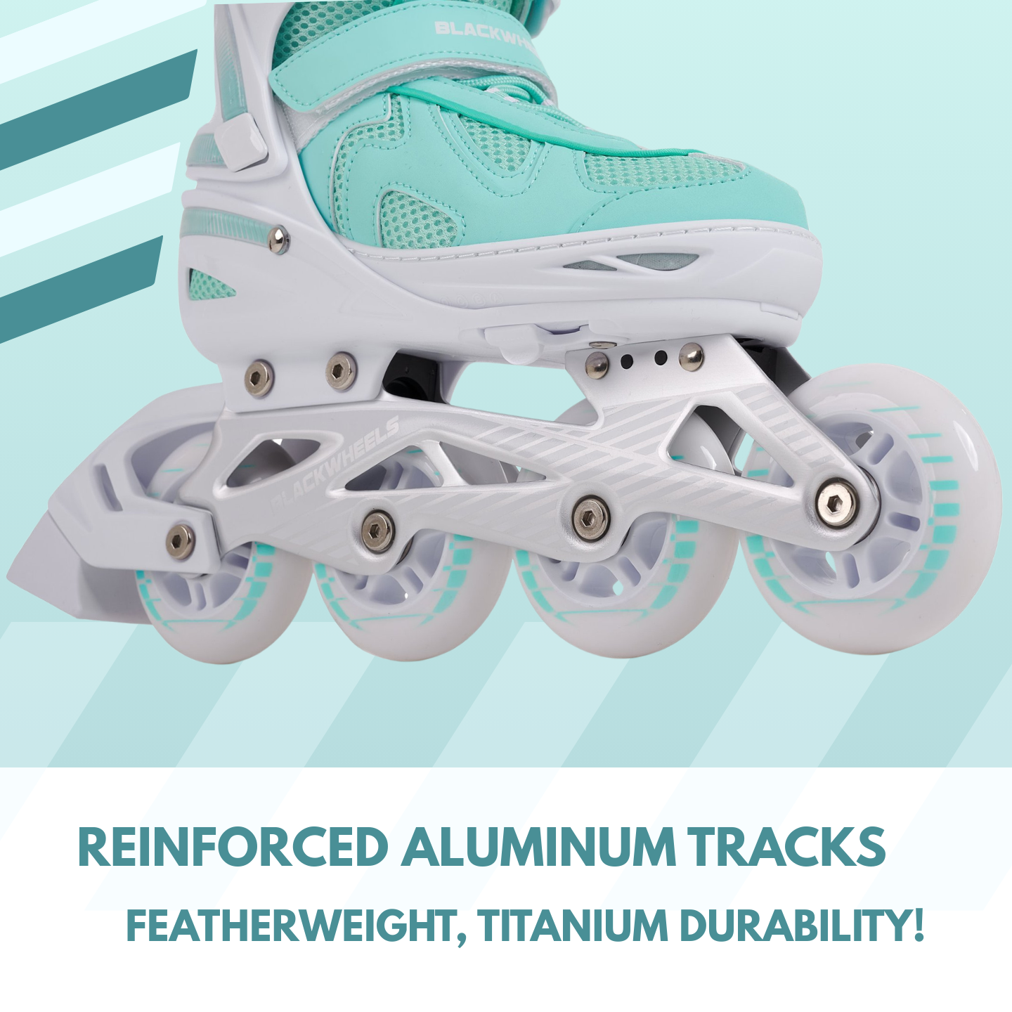 Ein mintgrüner und weißer Rollschuh mit vier Rädern und verstärkten Aluminiumschienen.