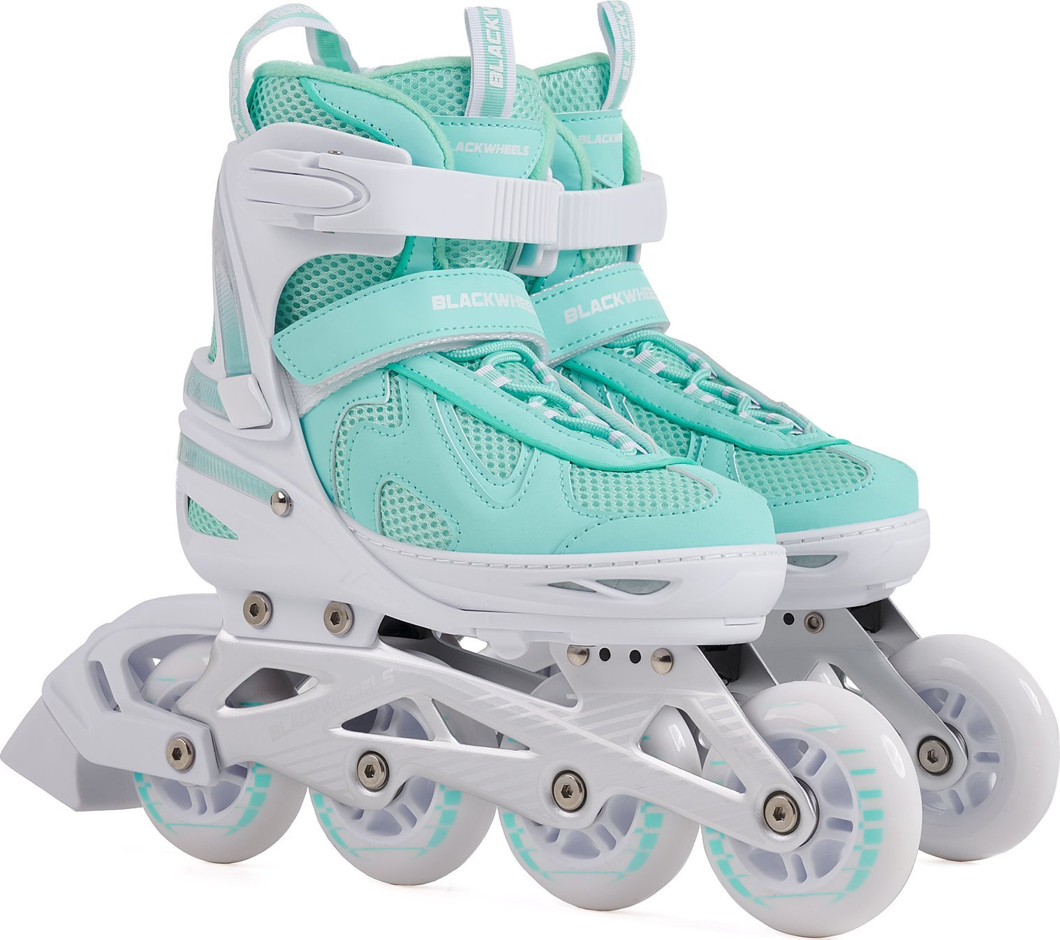 Ein Paar mintgrüne und weiße Rollschuhe mit Schnürsenkeln und Klettverschlüssen.