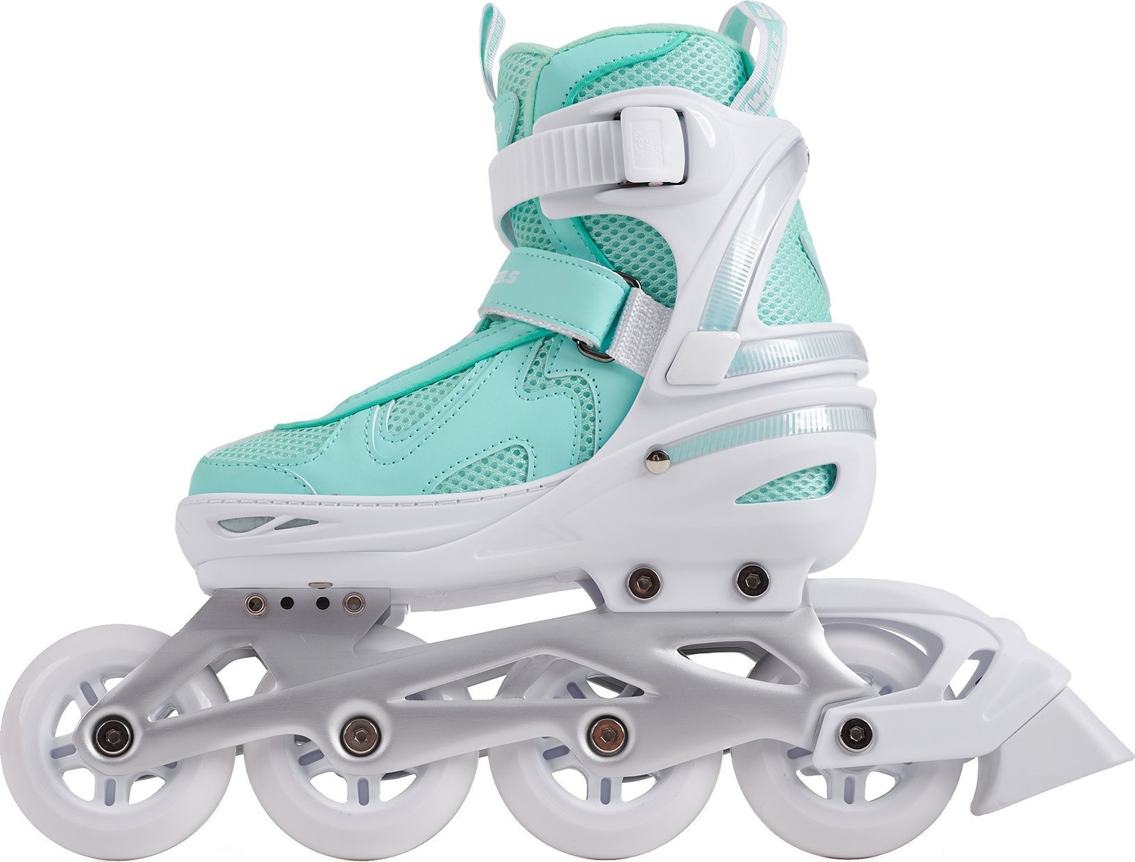 Ein mintgrüner und weißer Rollschuh mit vier weißen Rädern auf weißem Hintergrund.