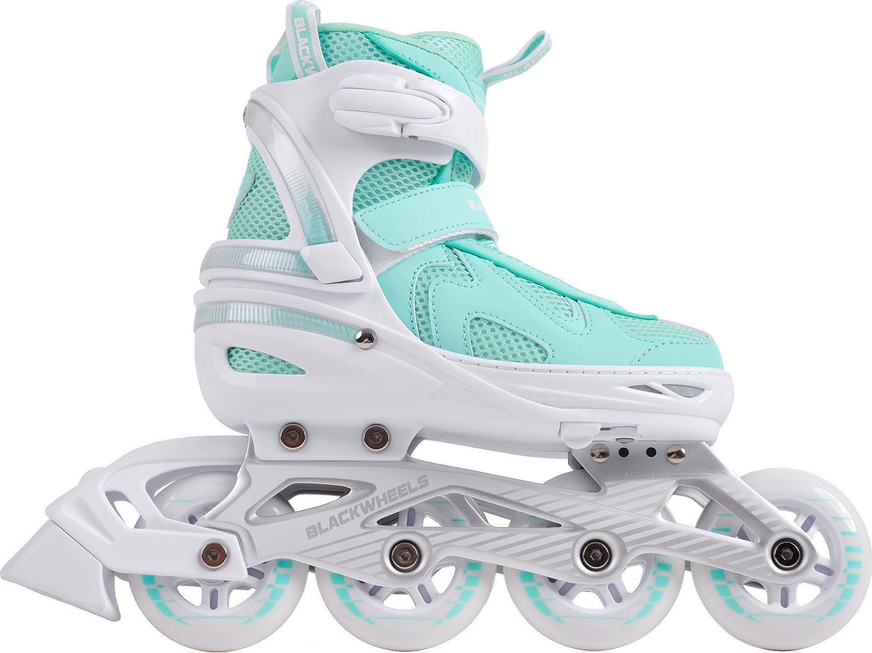 Ein türkiser und weißer Rollschuh mit vier Rädern. Der Schuh hat Mesh-Gewebe.