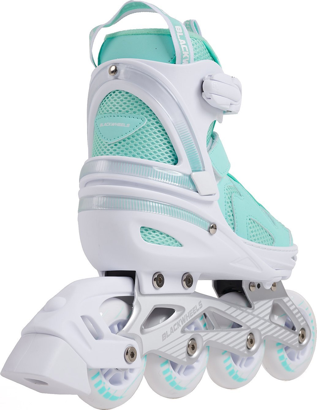 Ein weißer und mintgrüner Rollschuh mit vier Rädern und Schnallen.