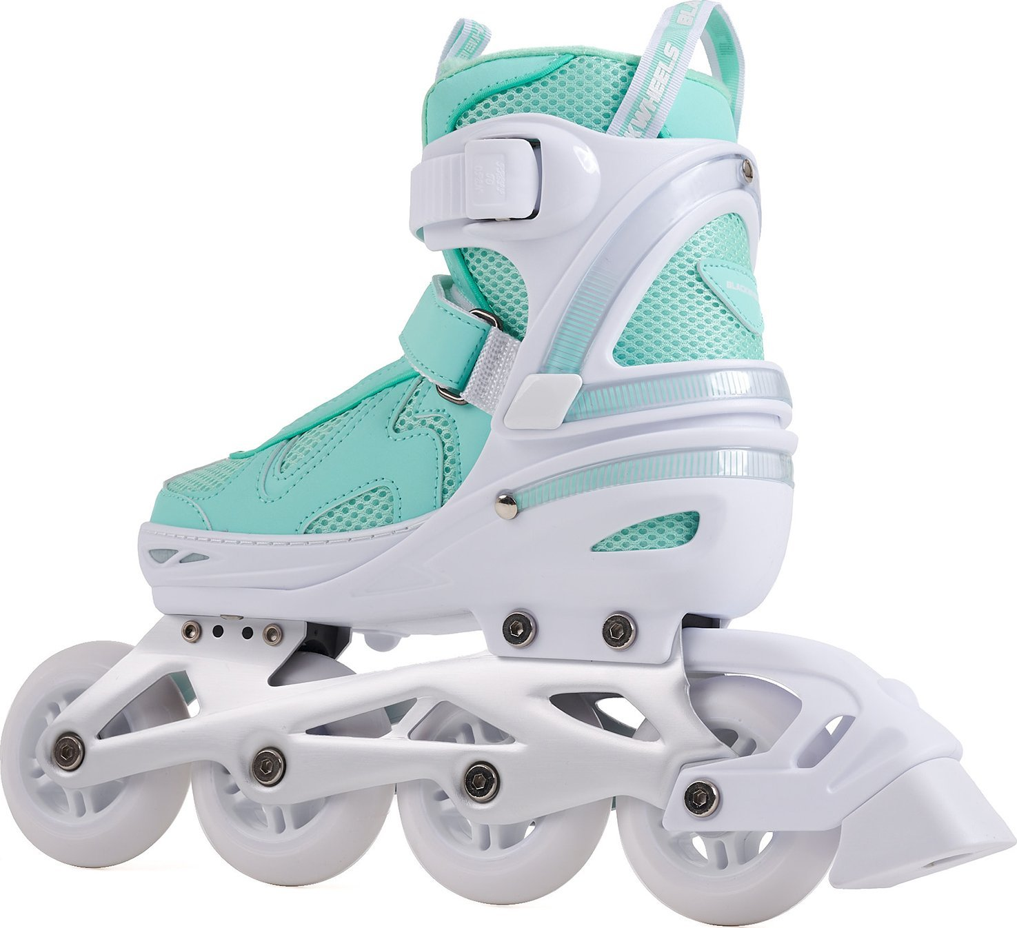 Ein mintgrüner und weißer Rollschuh mit Schnallen und drei Rädern.