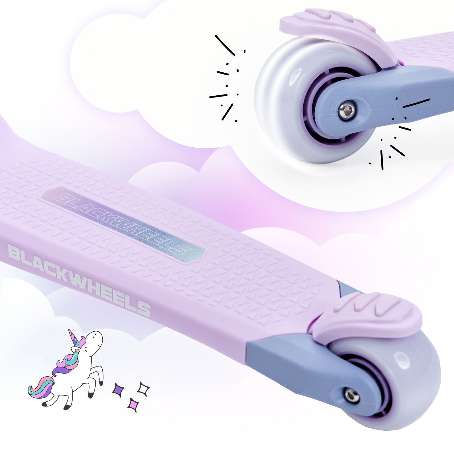 Monopattino viola con adesivo unicorno e ruote luminose su sfondo di nuvole.
