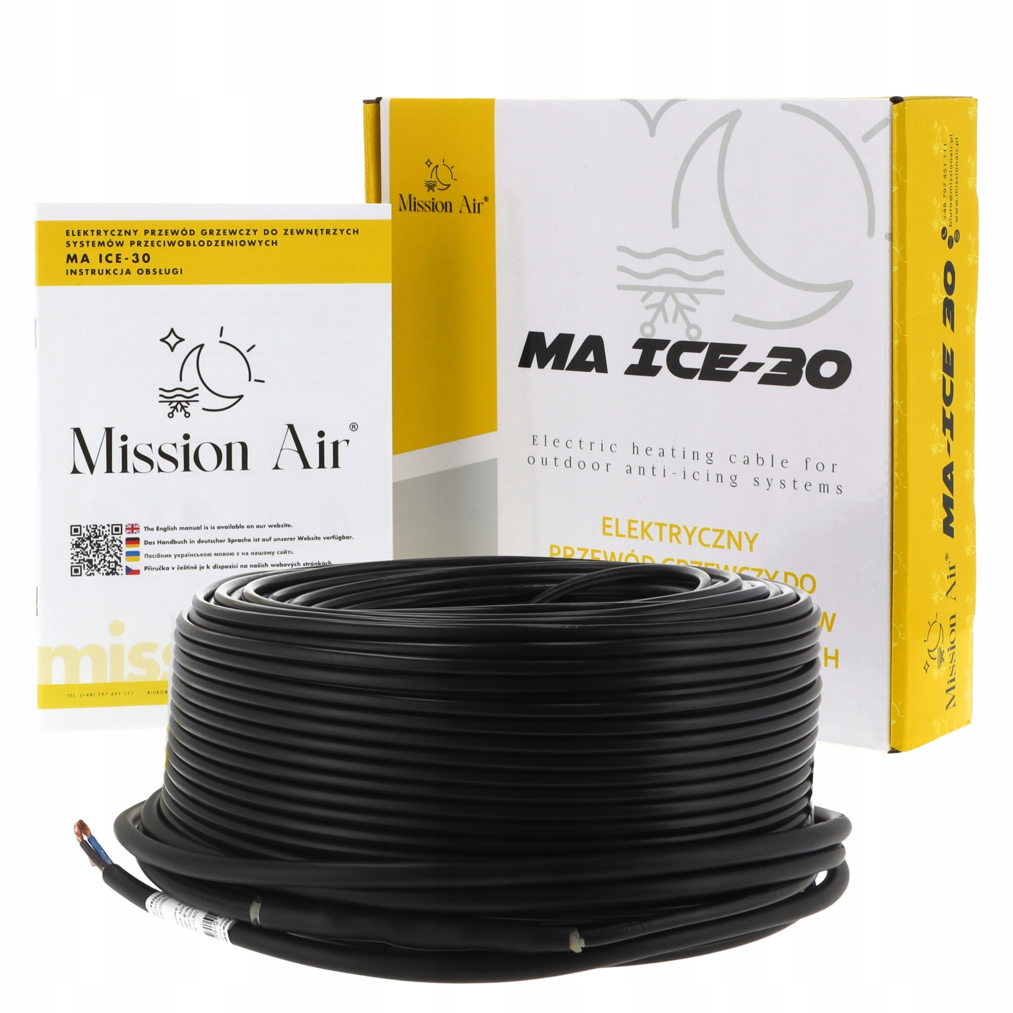 Czarny kabel grzewczy MA ICE-30 Mission Air na białym tle.