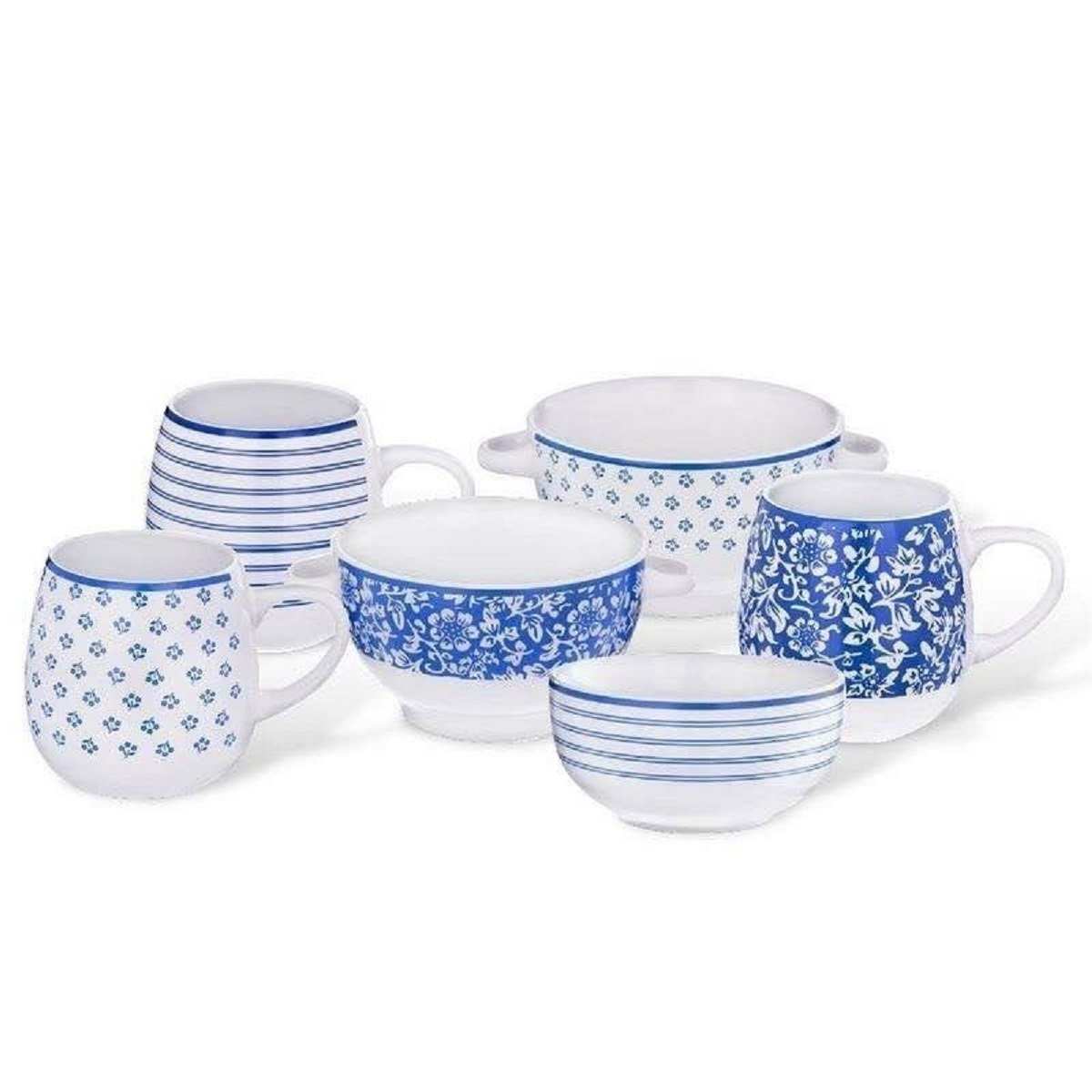 Una colección de tazas y cuencos de cerámica blanca con patrones azules.