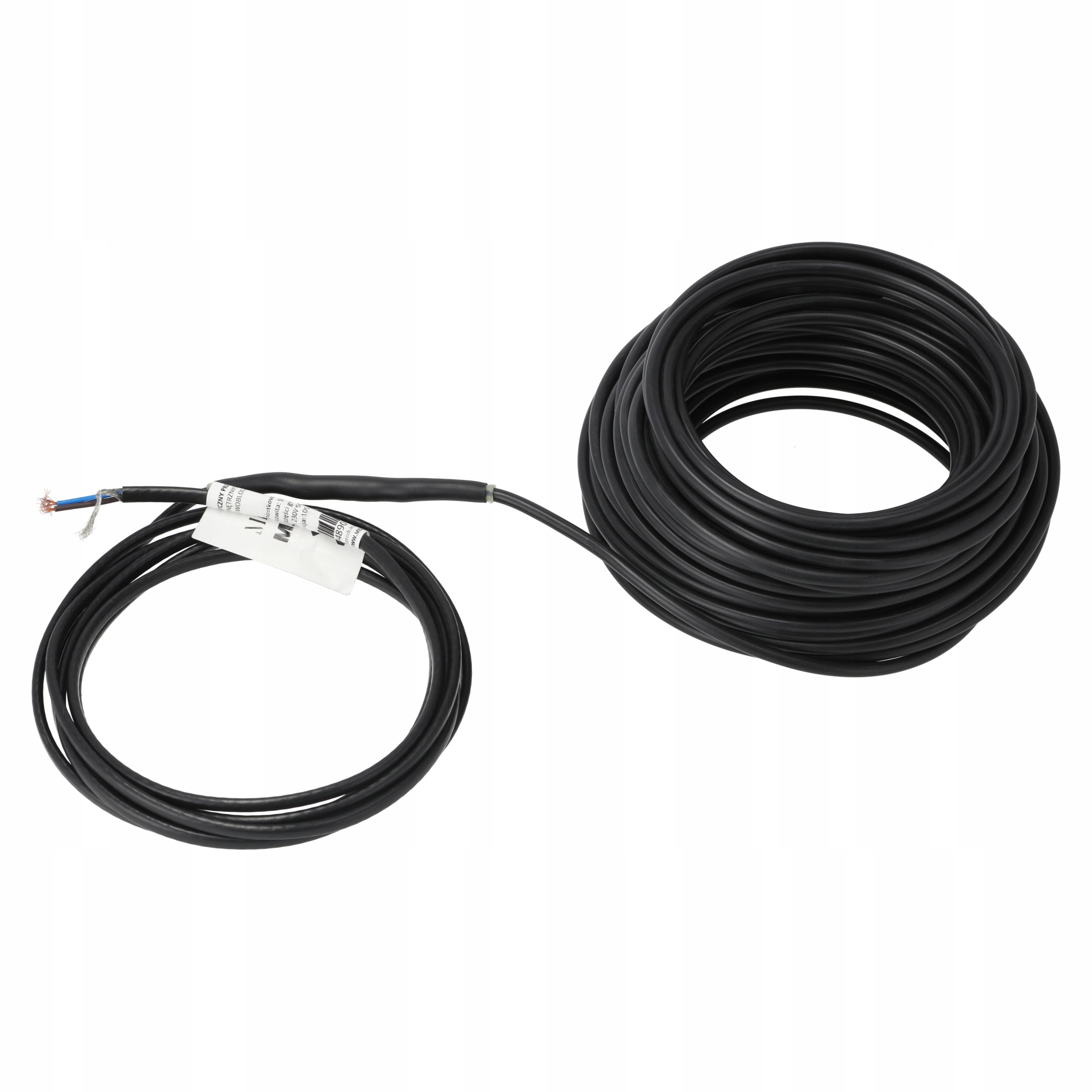 Czarny zwinięty kabel z odizolowanymi końcówkami i etykietą.