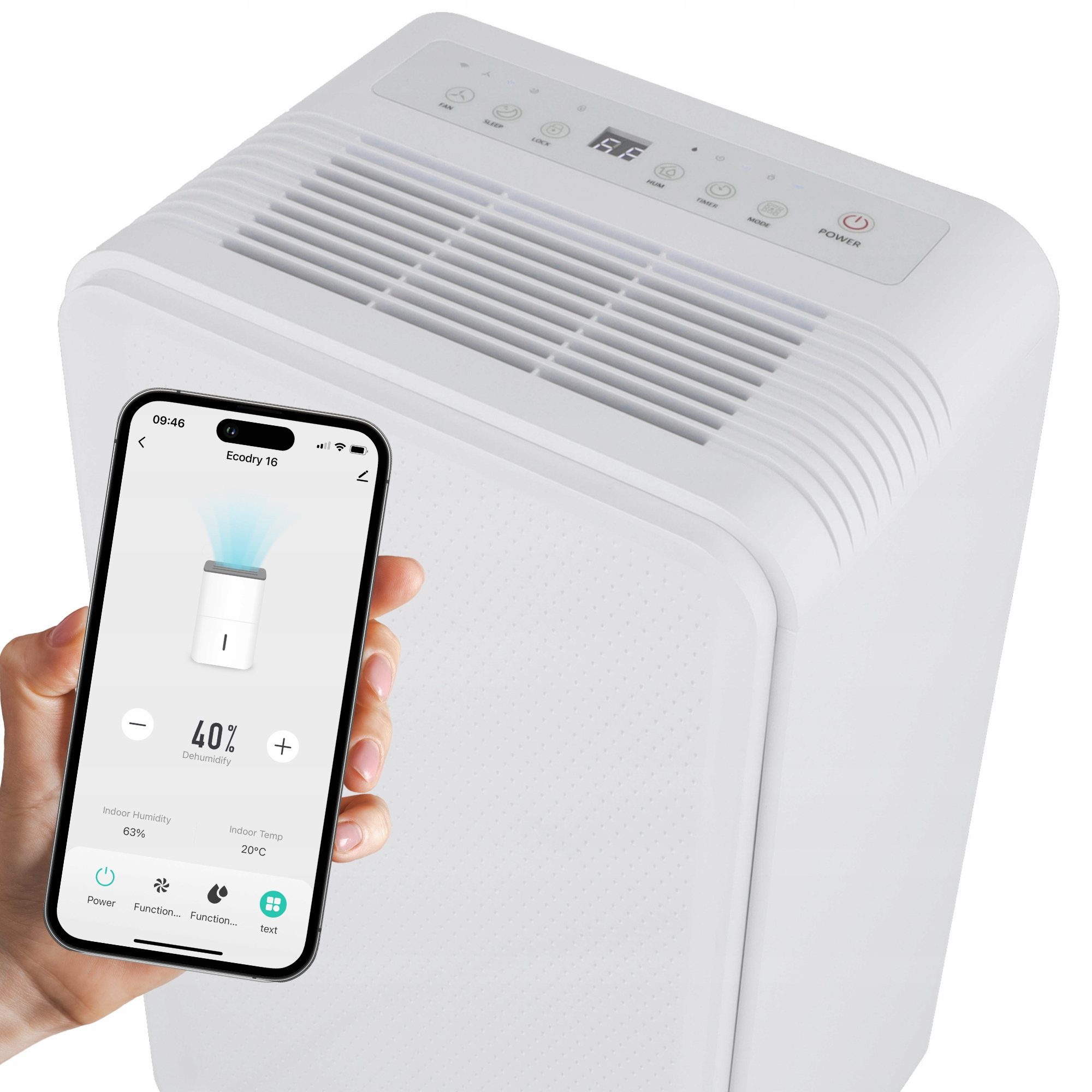 Ręka trzyma smartfon z aplikacją Ecodry 16, wyświetlającą 40% osuszania, 63% wilgotności, 20°C, obok białego osuszacza powietrza.