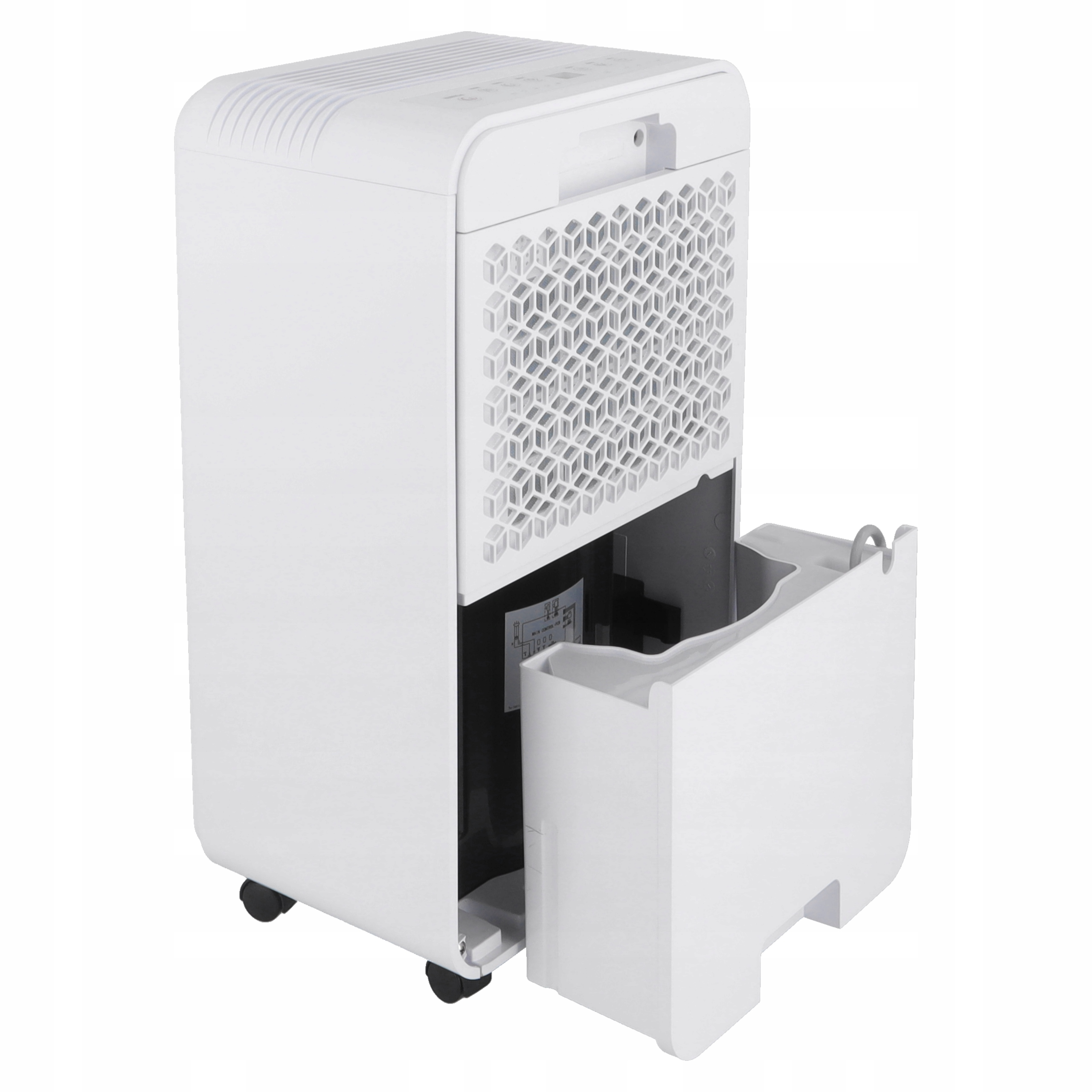 Biały osuszacz powietrza z częściowo wyjętym zbiornikiem na wodę i kółkami.