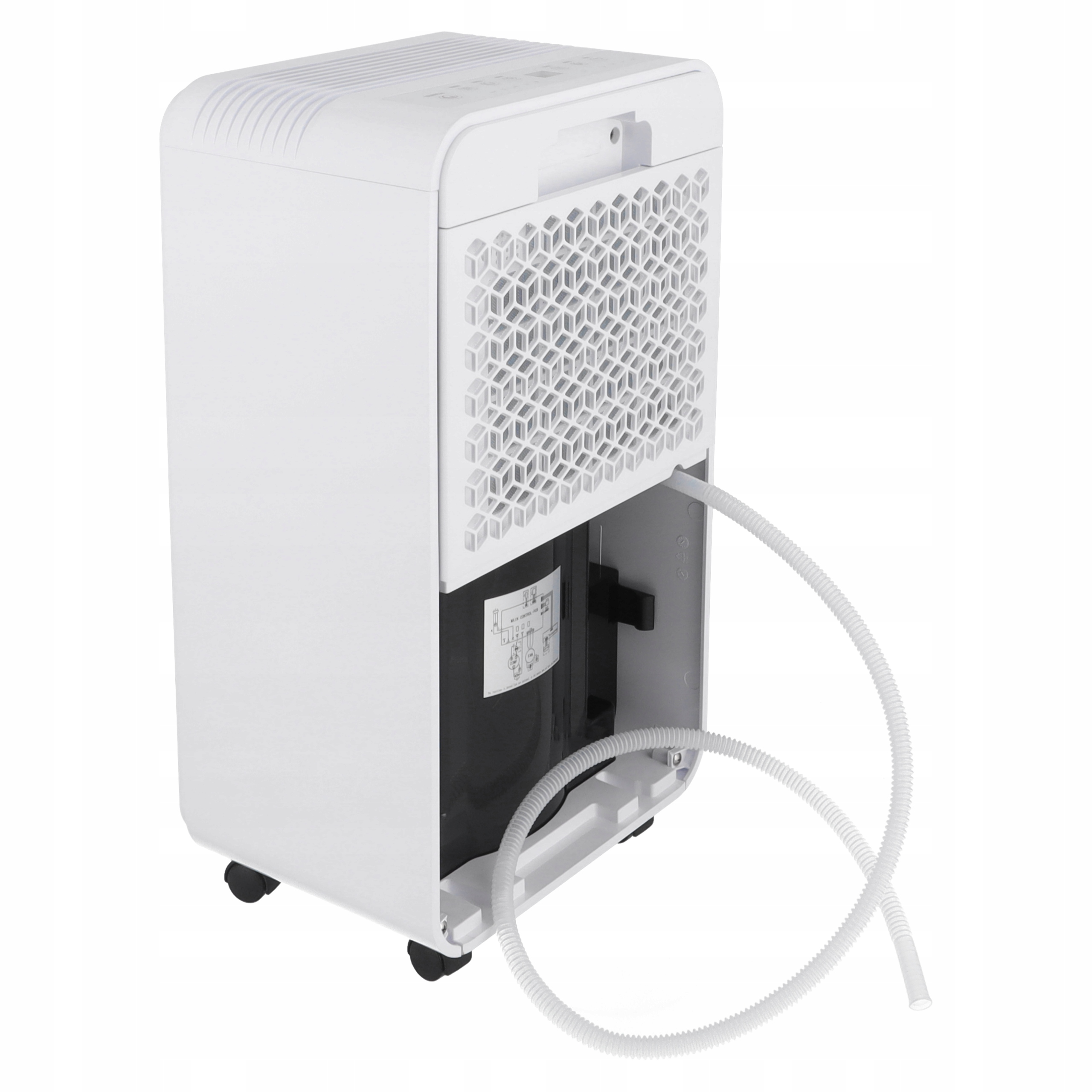 Biały osuszacz powietrza z wężem wychodzącym z tyłu.