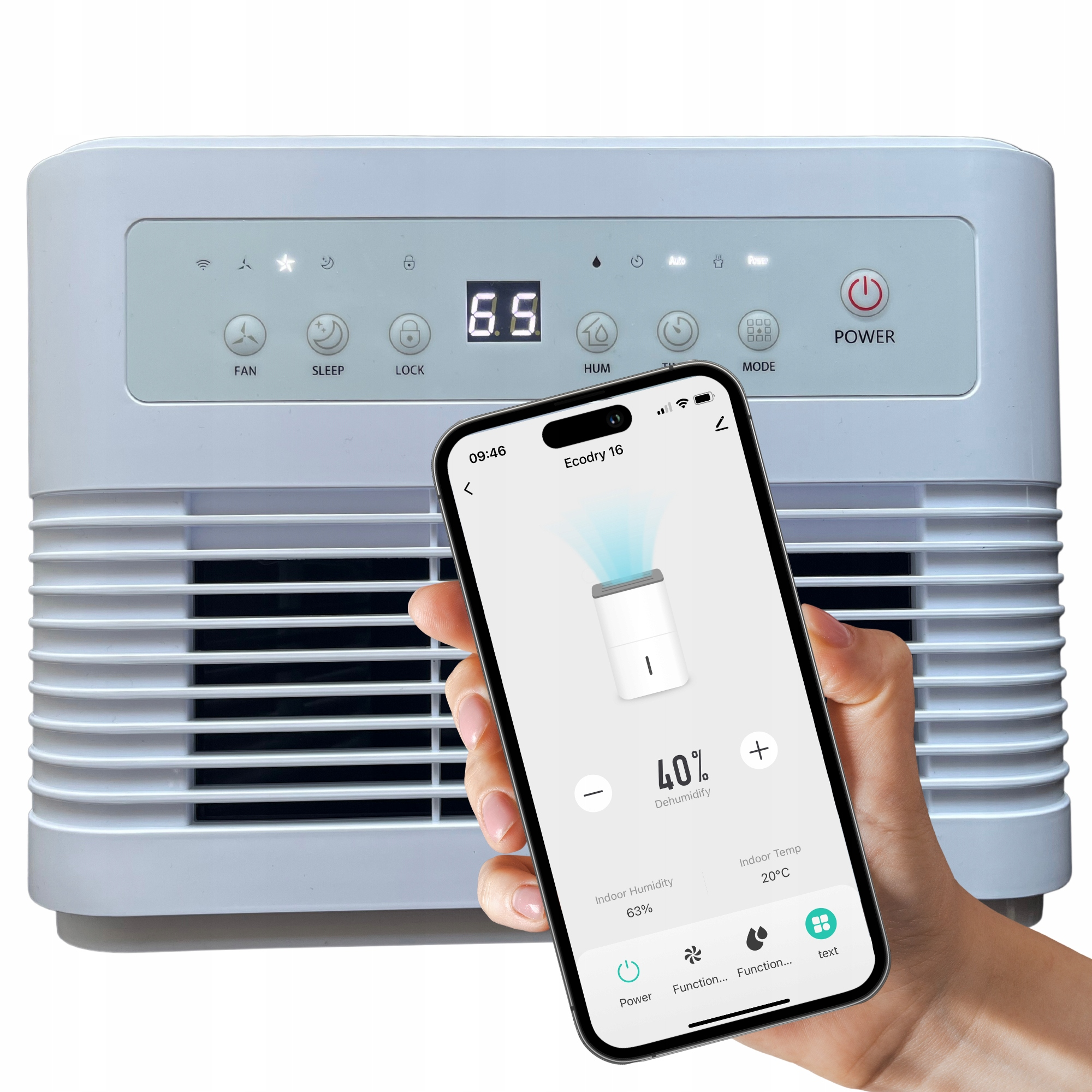 Smartfon wyświetla aplikację do sterowania osuszaczem powietrza. Osuszacz jest biały.