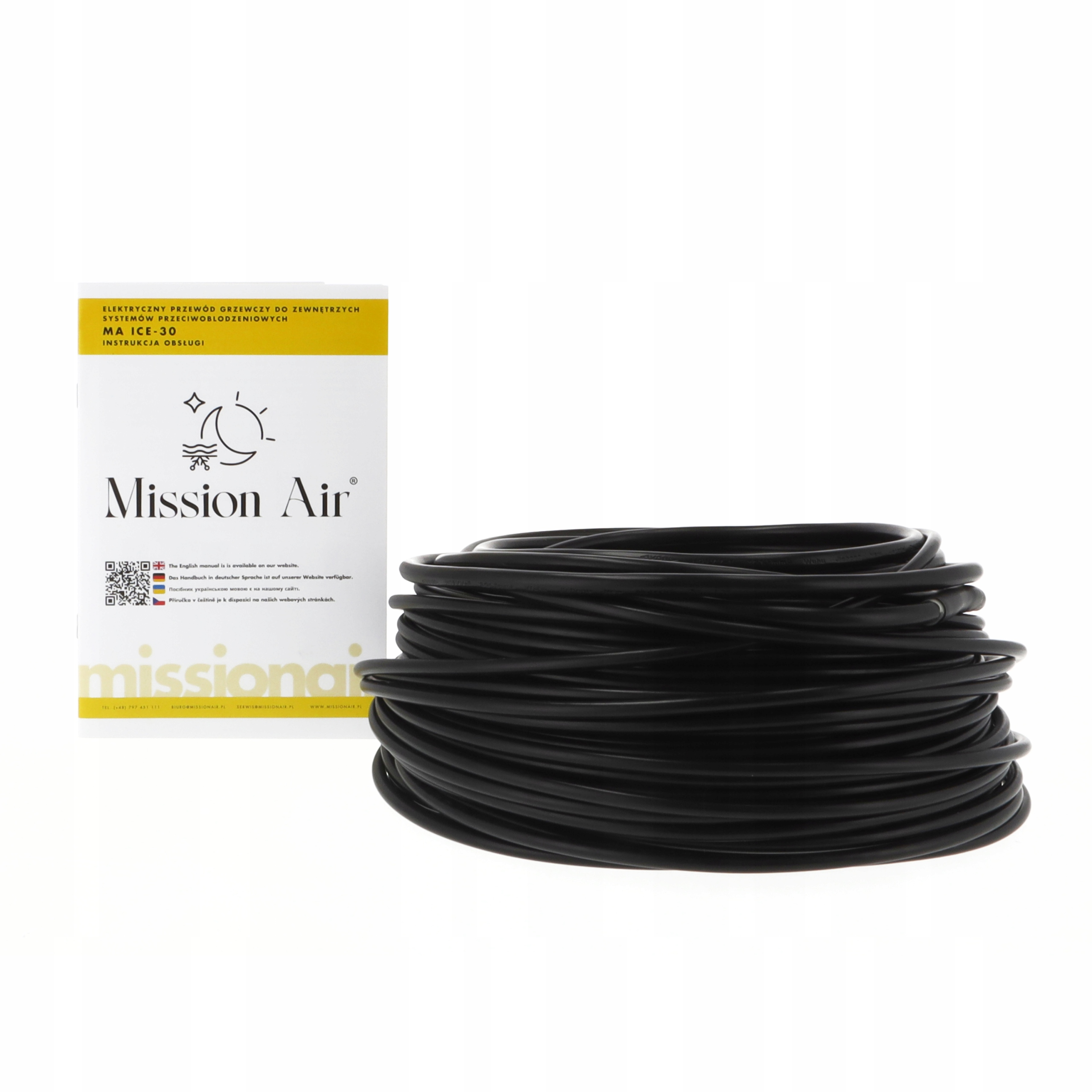 Czarny kabel obok opakowania Mission Air opisującego kabel grzewczy.