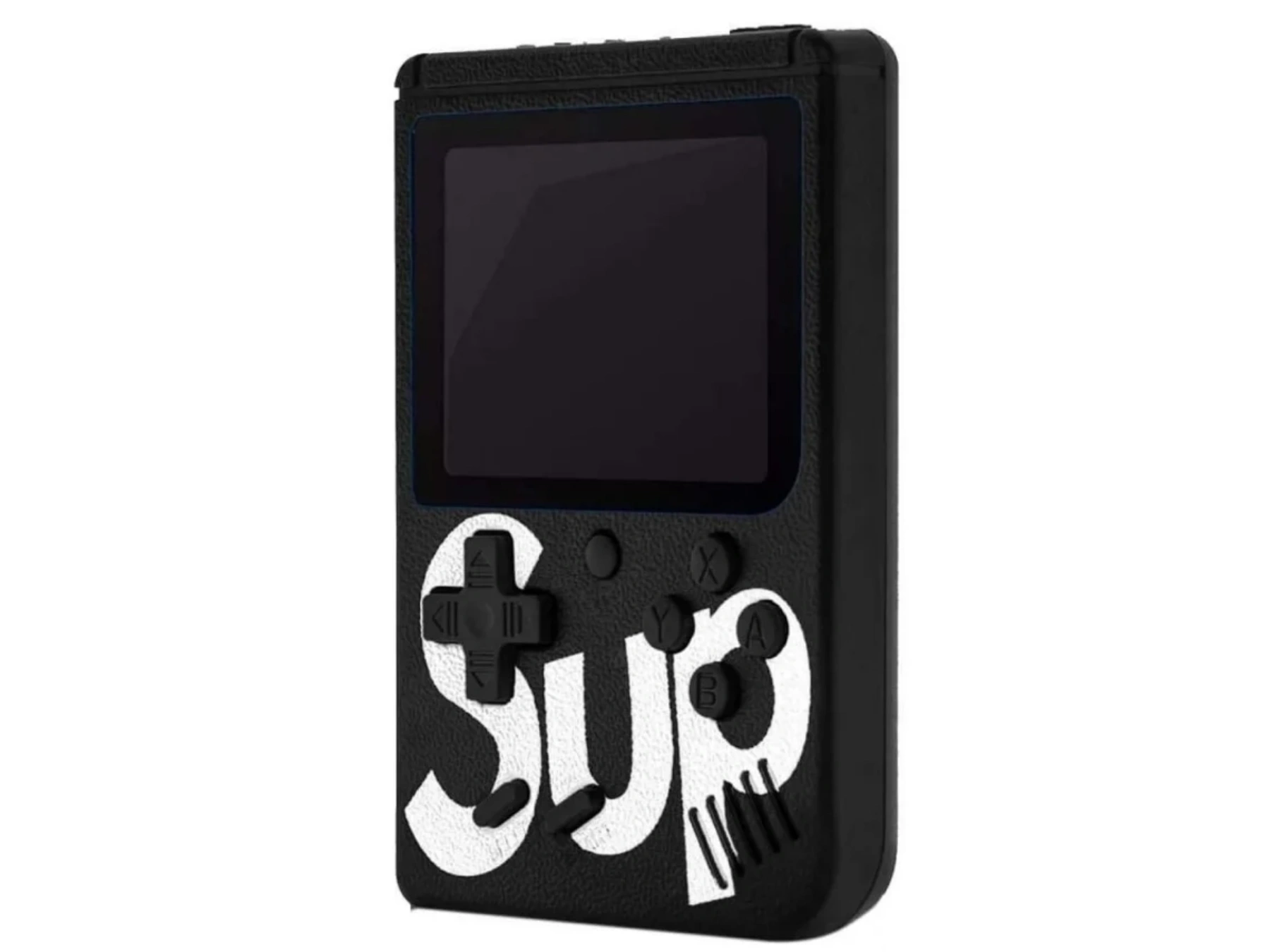 Schwarze Handheld-Sup-Spielekonsole mit Bildschirm und Tasten. Weißer Text „Sup“ auf der Vorderseite.