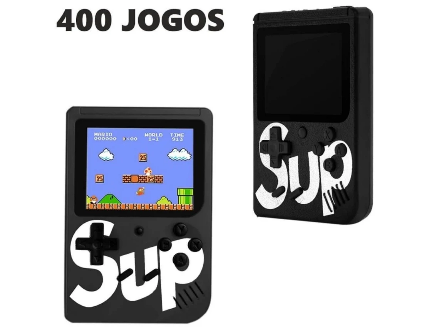 Zwei schwarze Handheld-Spielekonsolen mit "Sup"-Logo und Super Mario-Grafik.