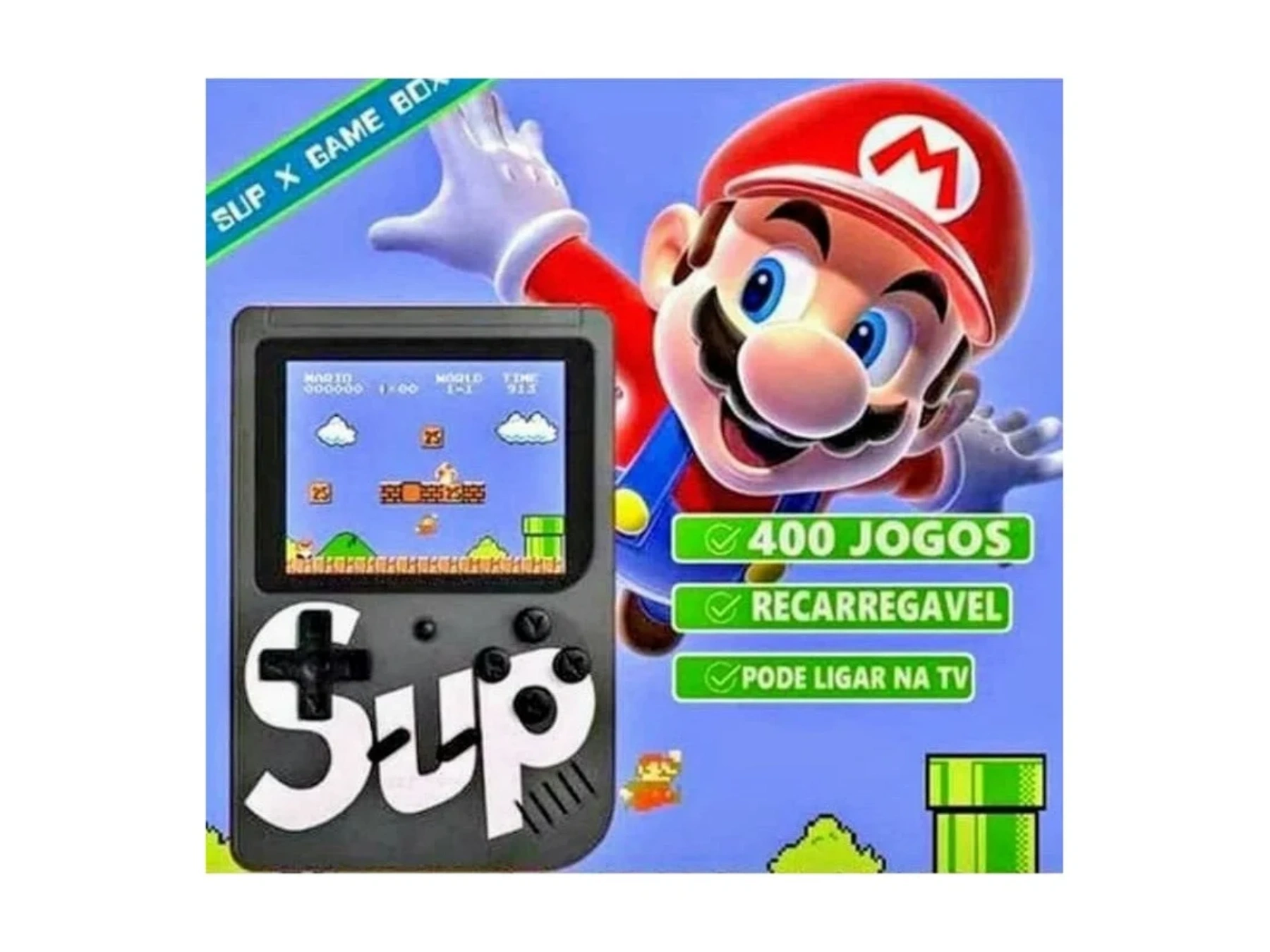 Ein graues Handheld-Spielgerät mit Mario-Grafik. 400 Spiele, wiederaufladbar, TV-fähig.