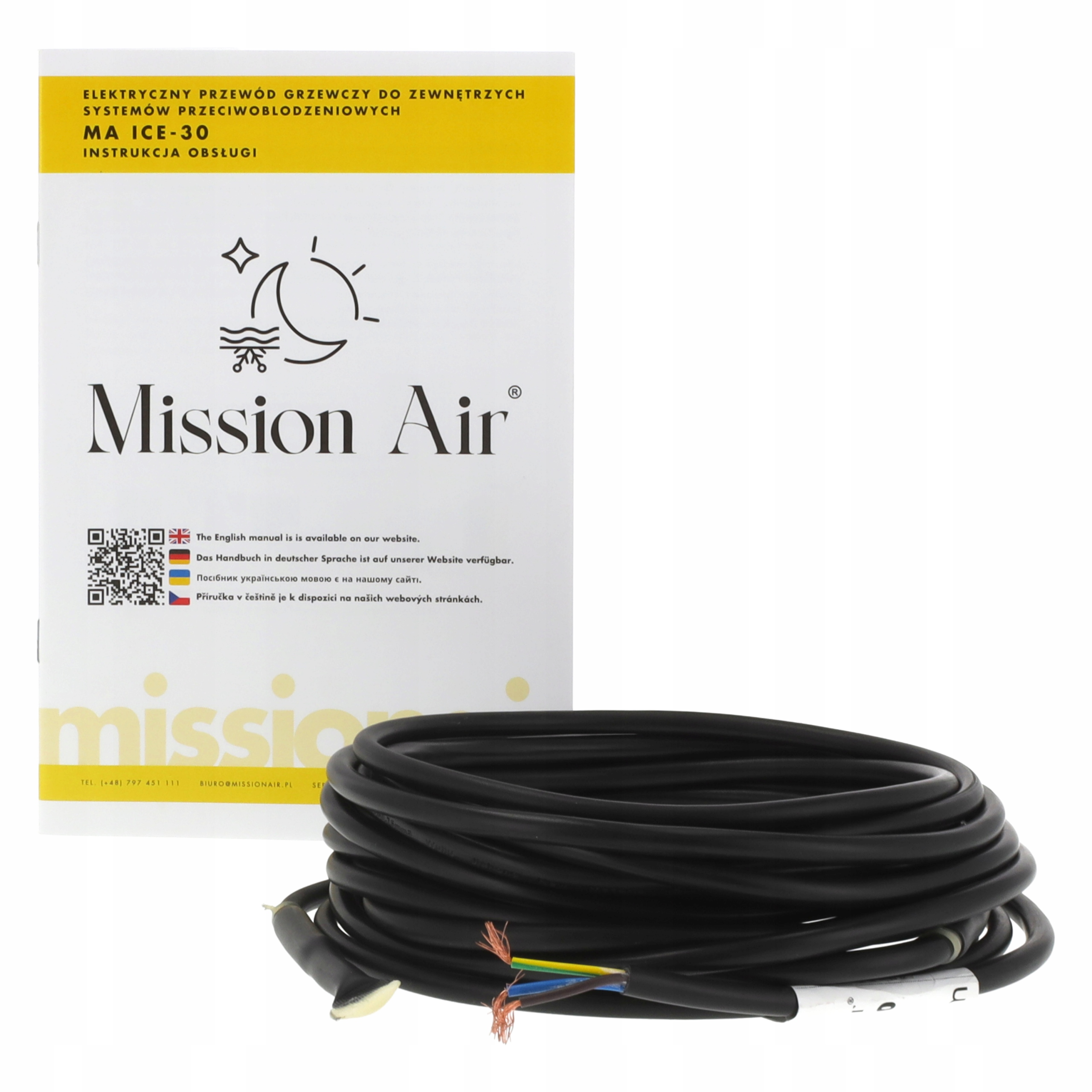 Czarny kabel z odsłoniętymi przewodami leży przed instrukcją Mission Air.