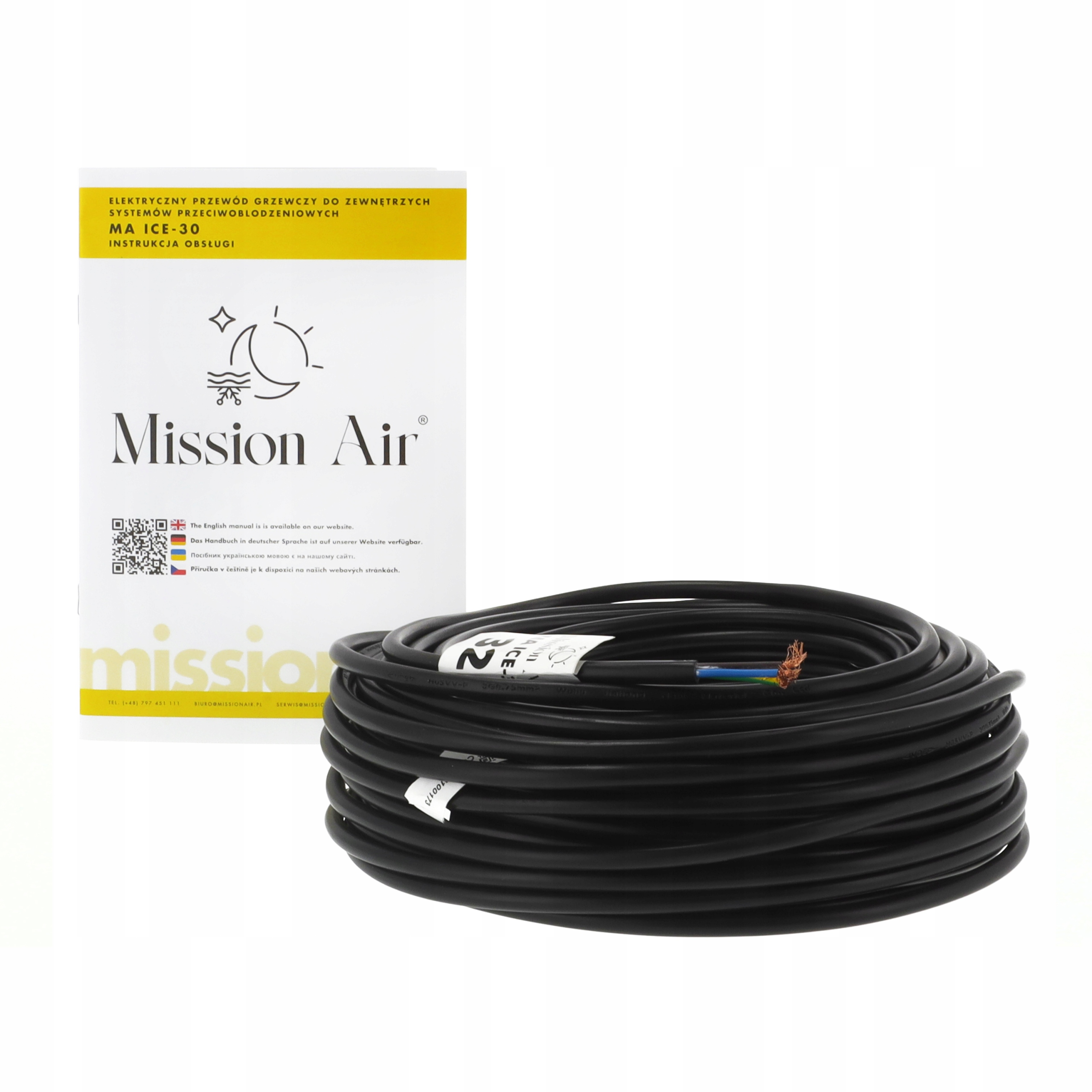 Czarny kabel grzewczy 'Mission Air MA ICE-30' zwinięty, z instrukcją obsługi.