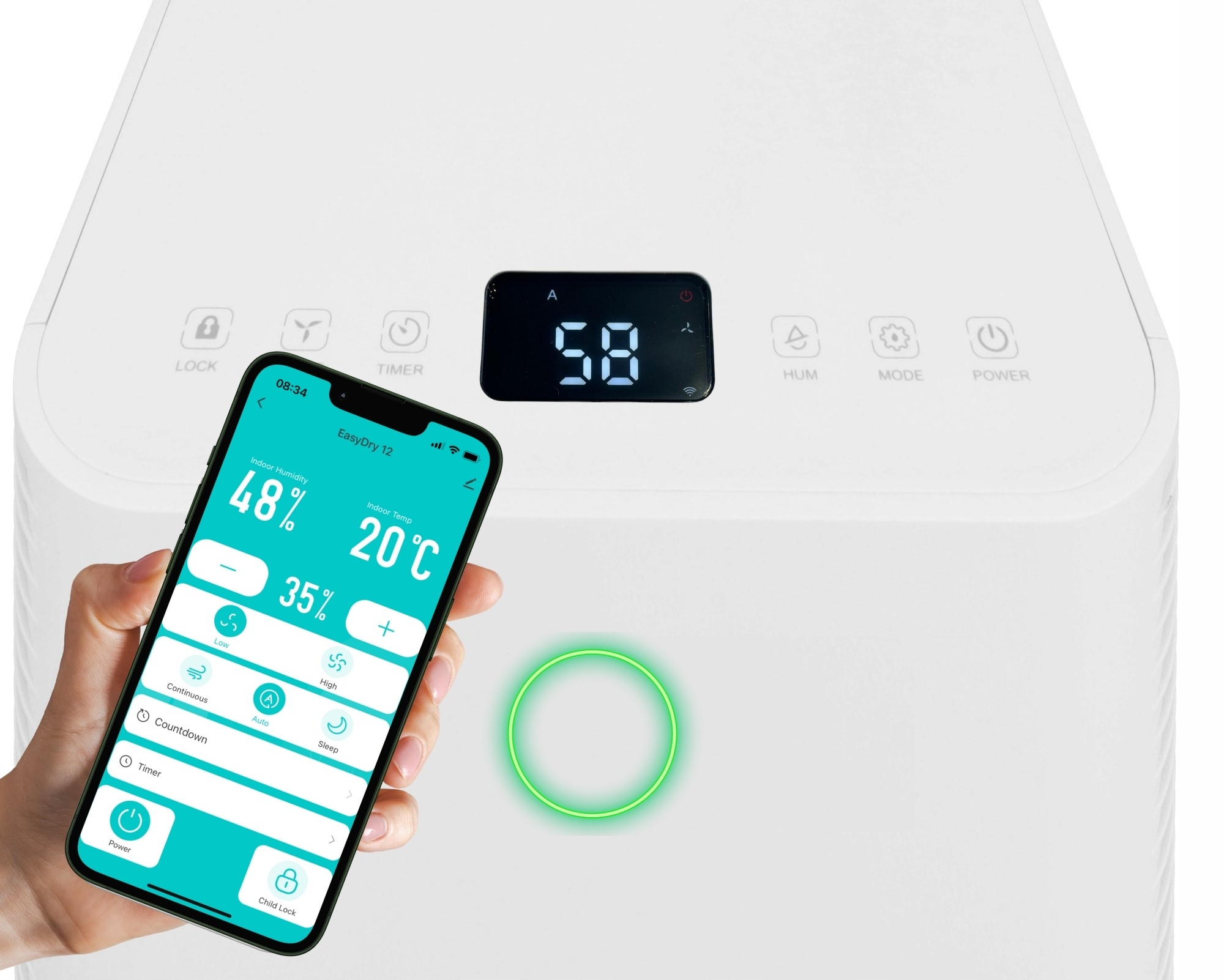 Ręka trzyma smartfon wyświetlający aplikację wilgotności i temperatury.