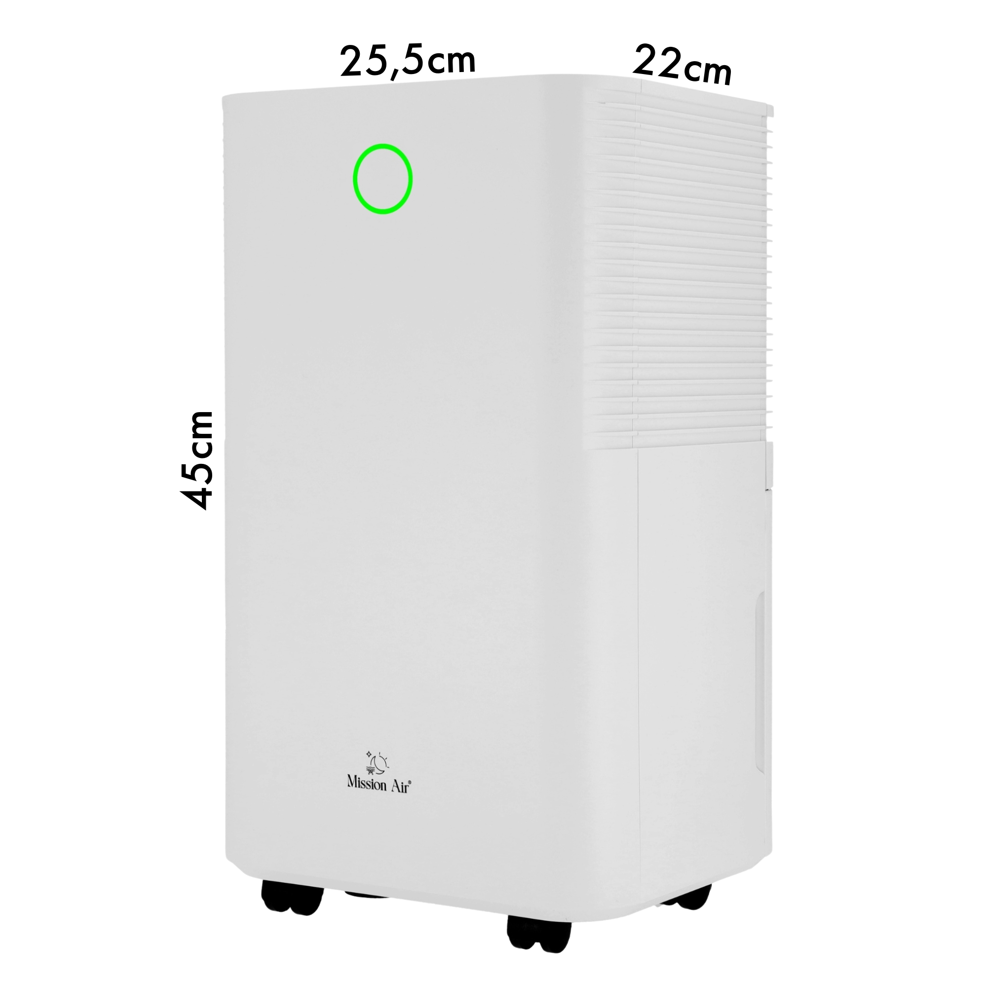 Biały osuszacz powietrza z kółkami, wysoki na 45cm, szeroki na 25,5cm, głęboki na 22cm.