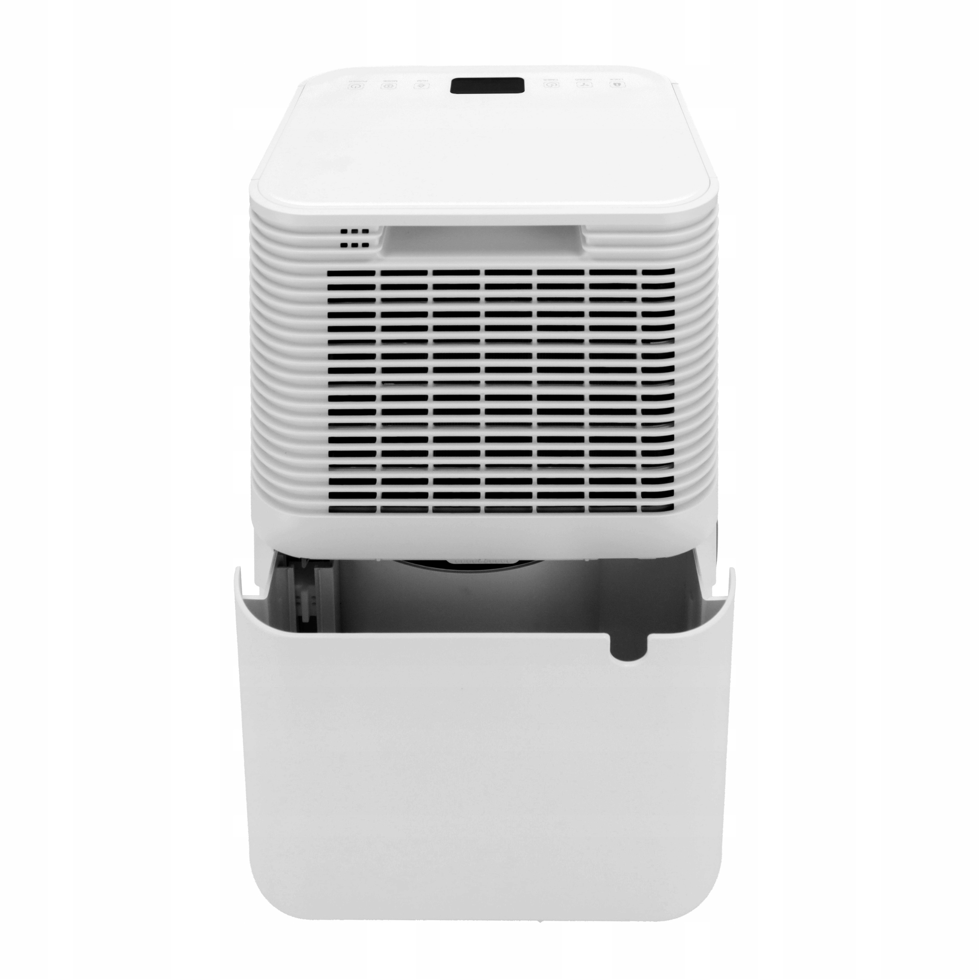 Biały osuszacz powietrza z wyjmowanym zbiornikiem na wodę.