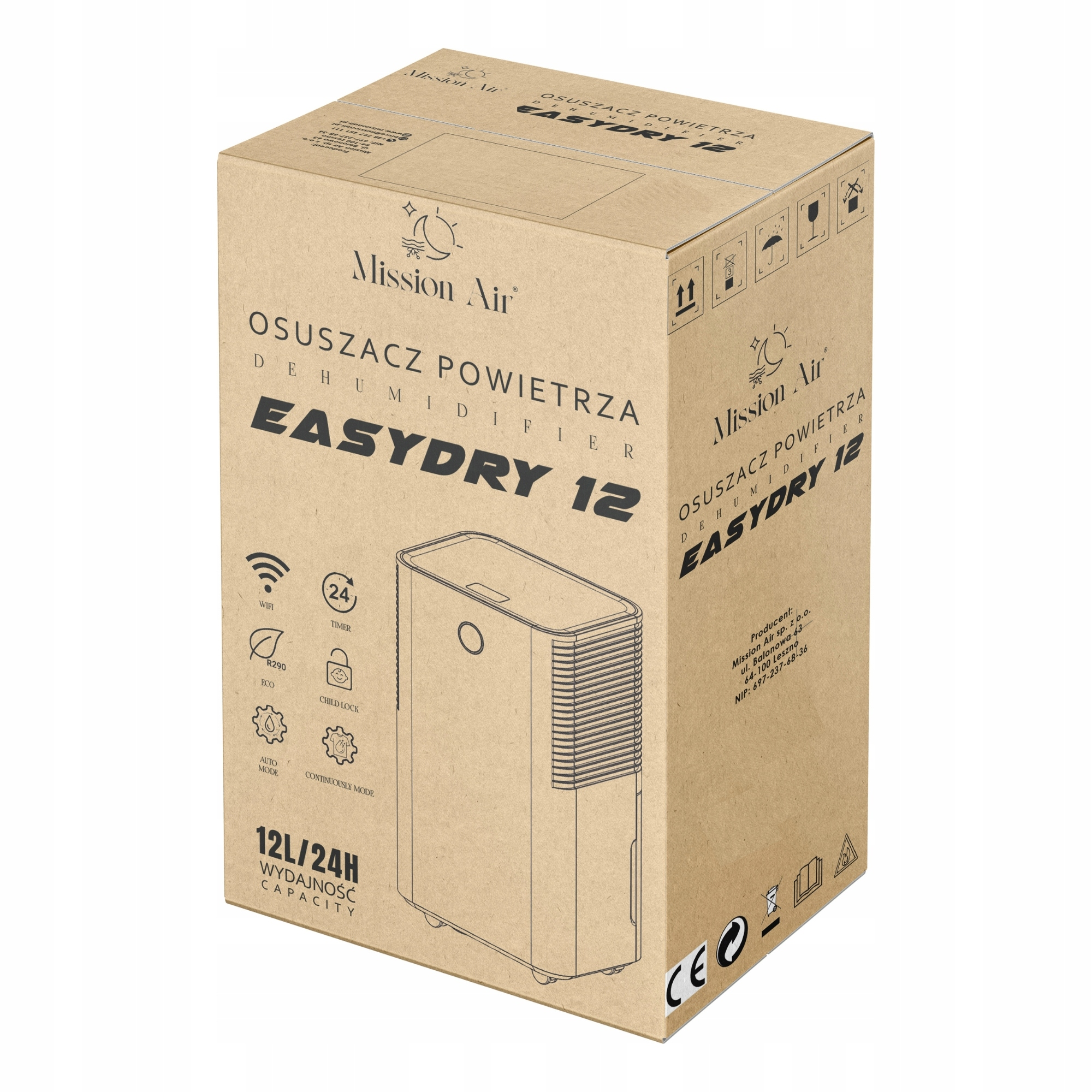 Pudełko kartonowe osuszacza Mission Air EasyDry 12 z ilustracją urządzenia i ikonami.