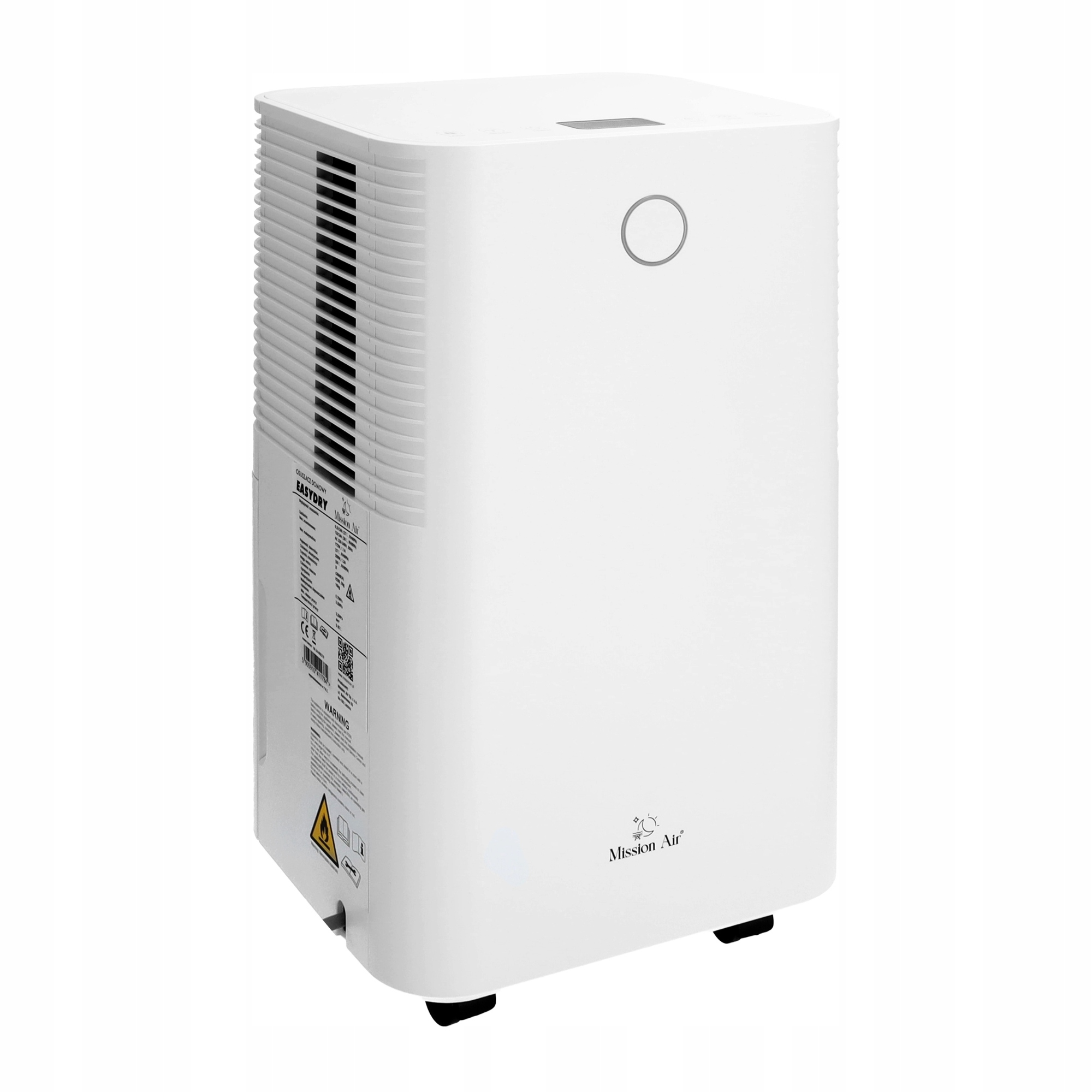 Biały osuszacz powietrza z otworami wentylacyjnymi i okrągłym logo.
