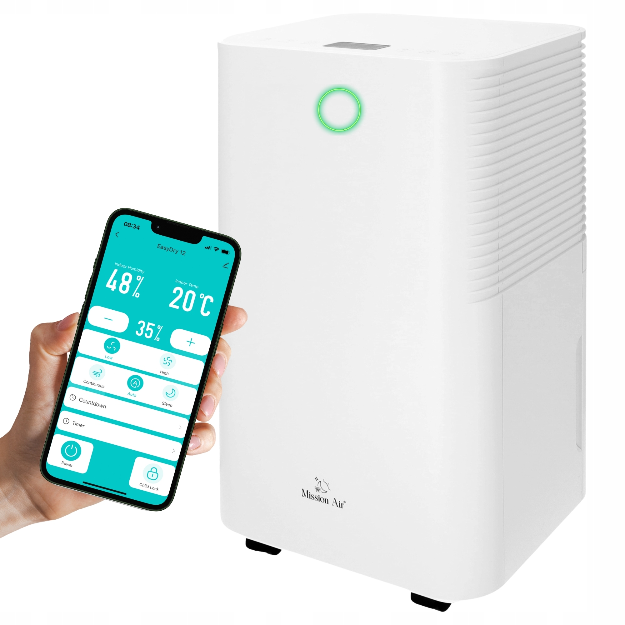 Biały osuszacz powietrza ze smartfonem wyświetlającym jego aplikację.