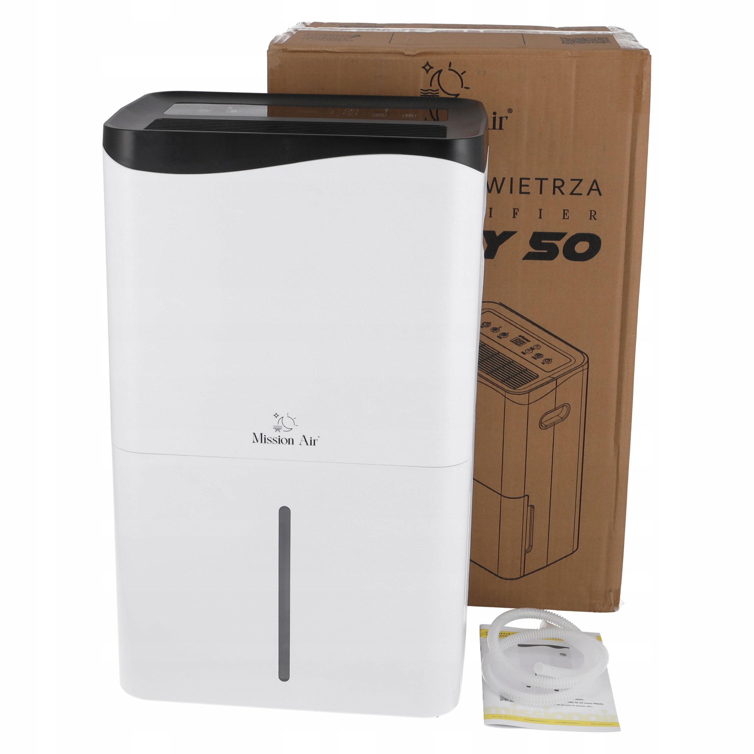 Biały osuszacz powietrza z czarną górą, obok kartonowego pudła i węża.