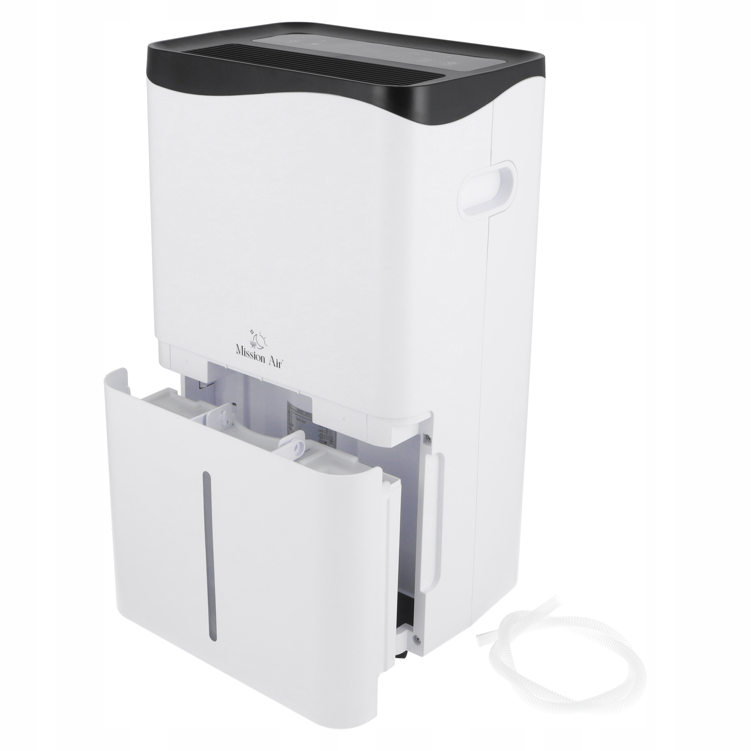 Biały osuszacz powietrza z czarną górą i wysuniętym zbiornikiem na wodę.