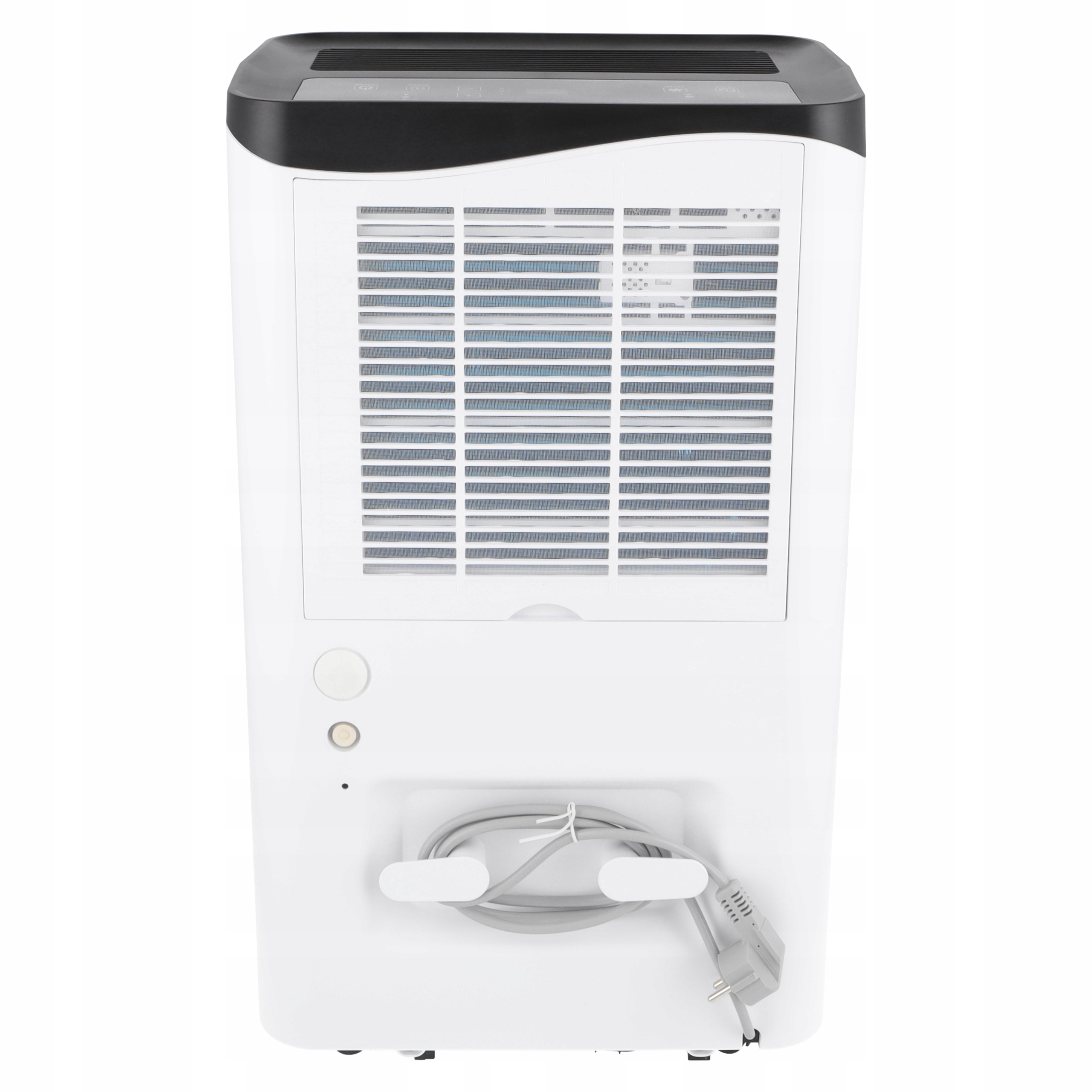 Biały osuszacz powietrza z czarną górą i kratką wentylacyjną.