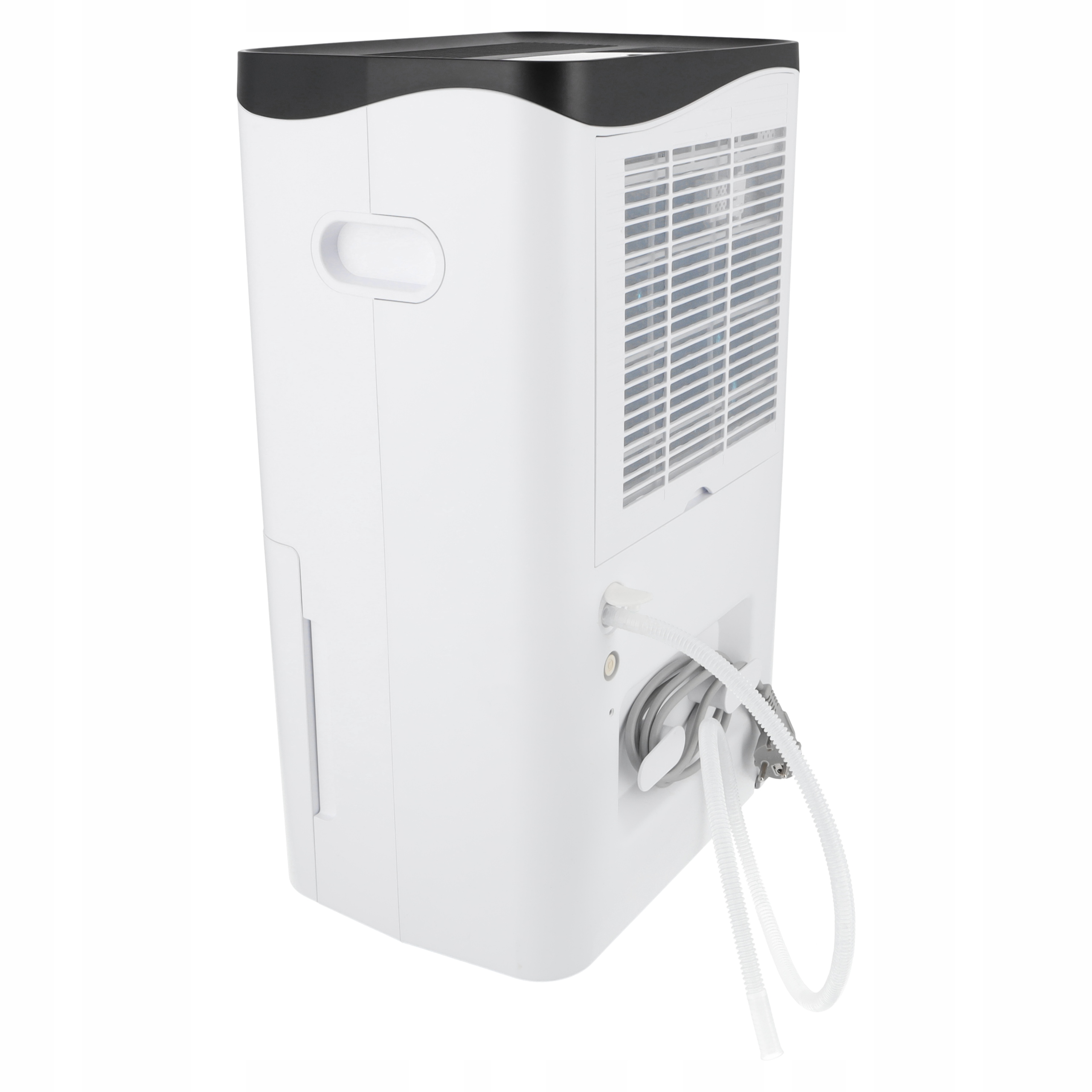 Biały osuszacz powietrza z czarnym blatem i kratką wentylacyjną.