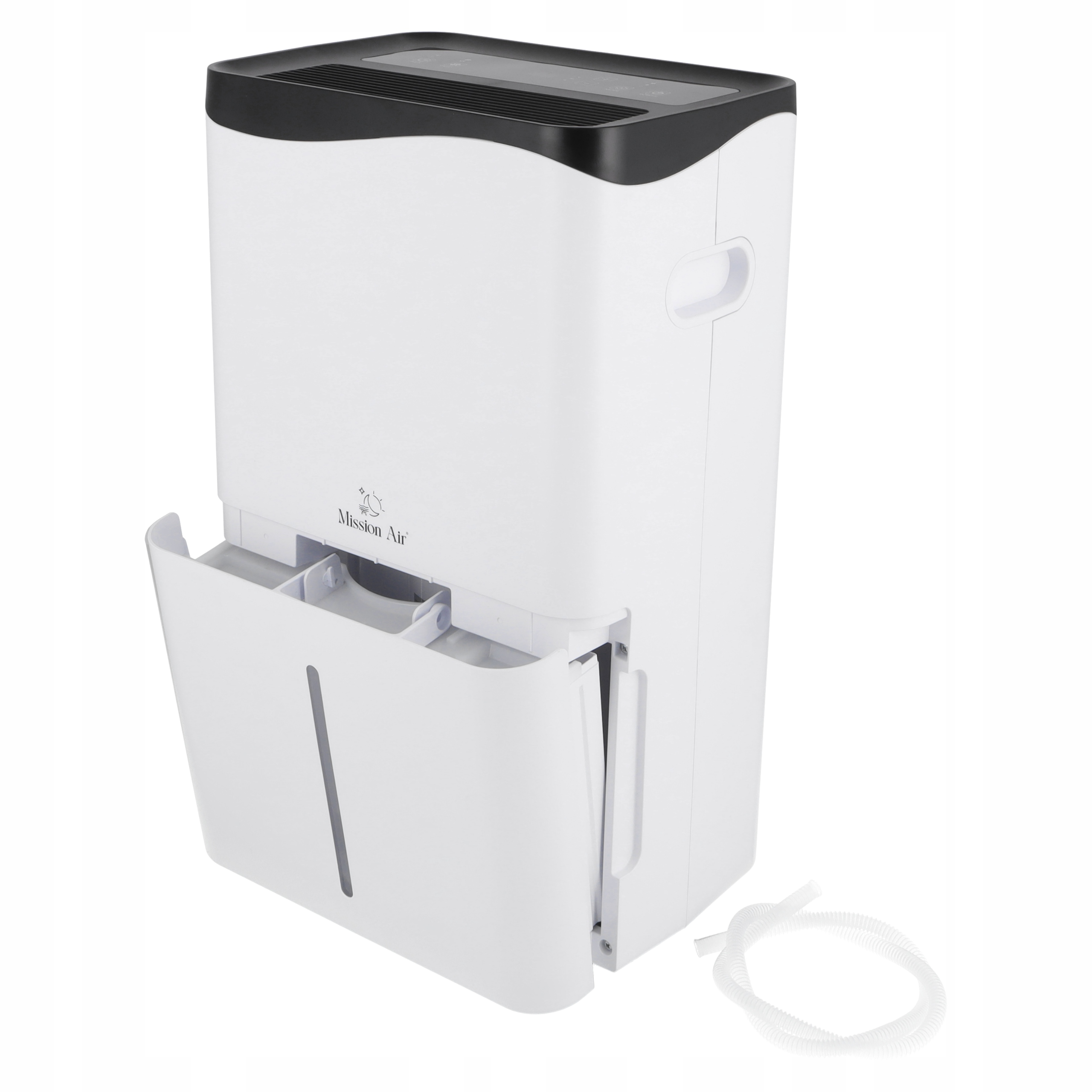 Biały osuszacz powietrza z czarną górą i wysuwaną szufladą na wodę.