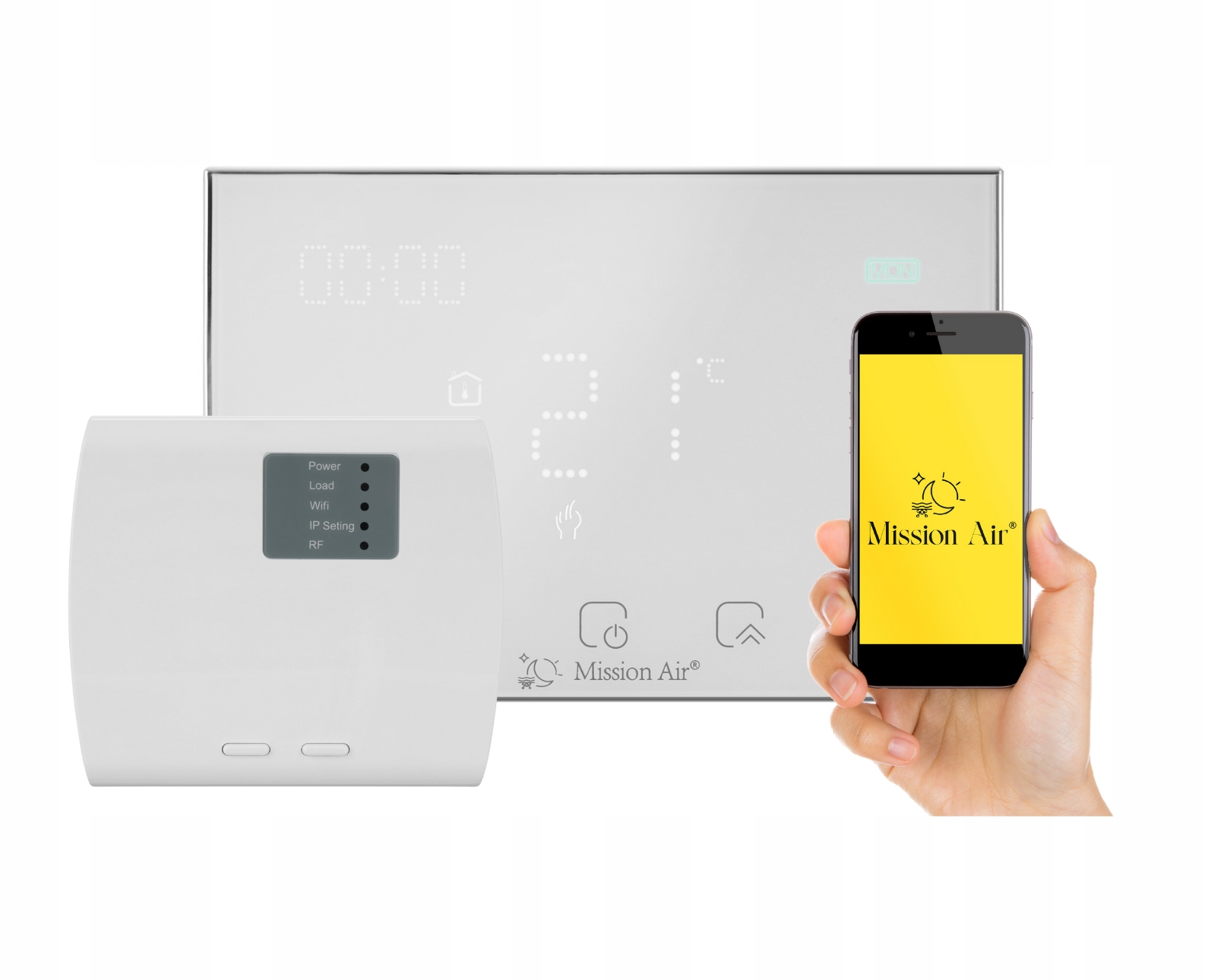 Biały termostat i smartfon wyświetlający aplikację Mission Air.