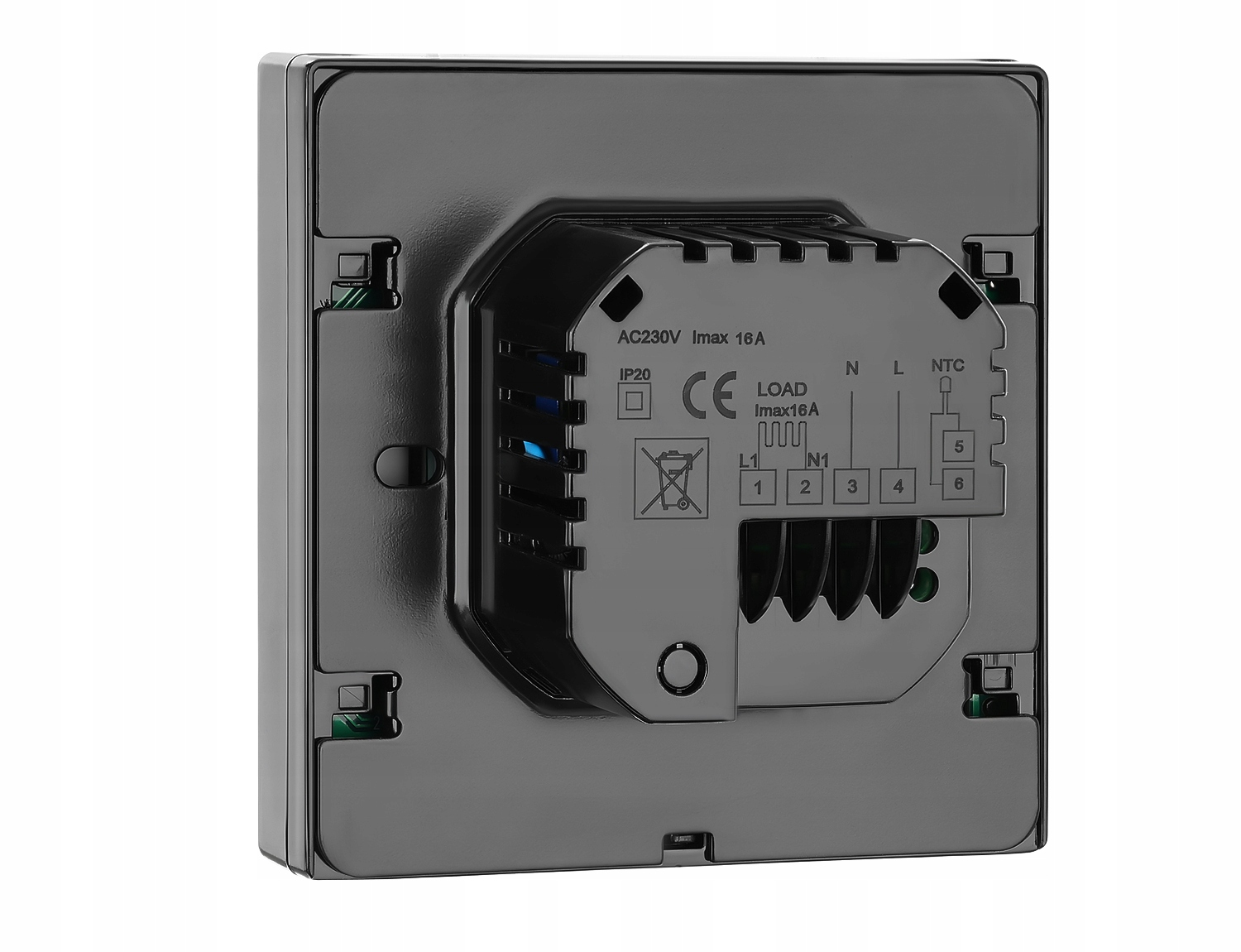 Tył czarnego termostatu ze złączami i oznaczeniami AC230V, CE.