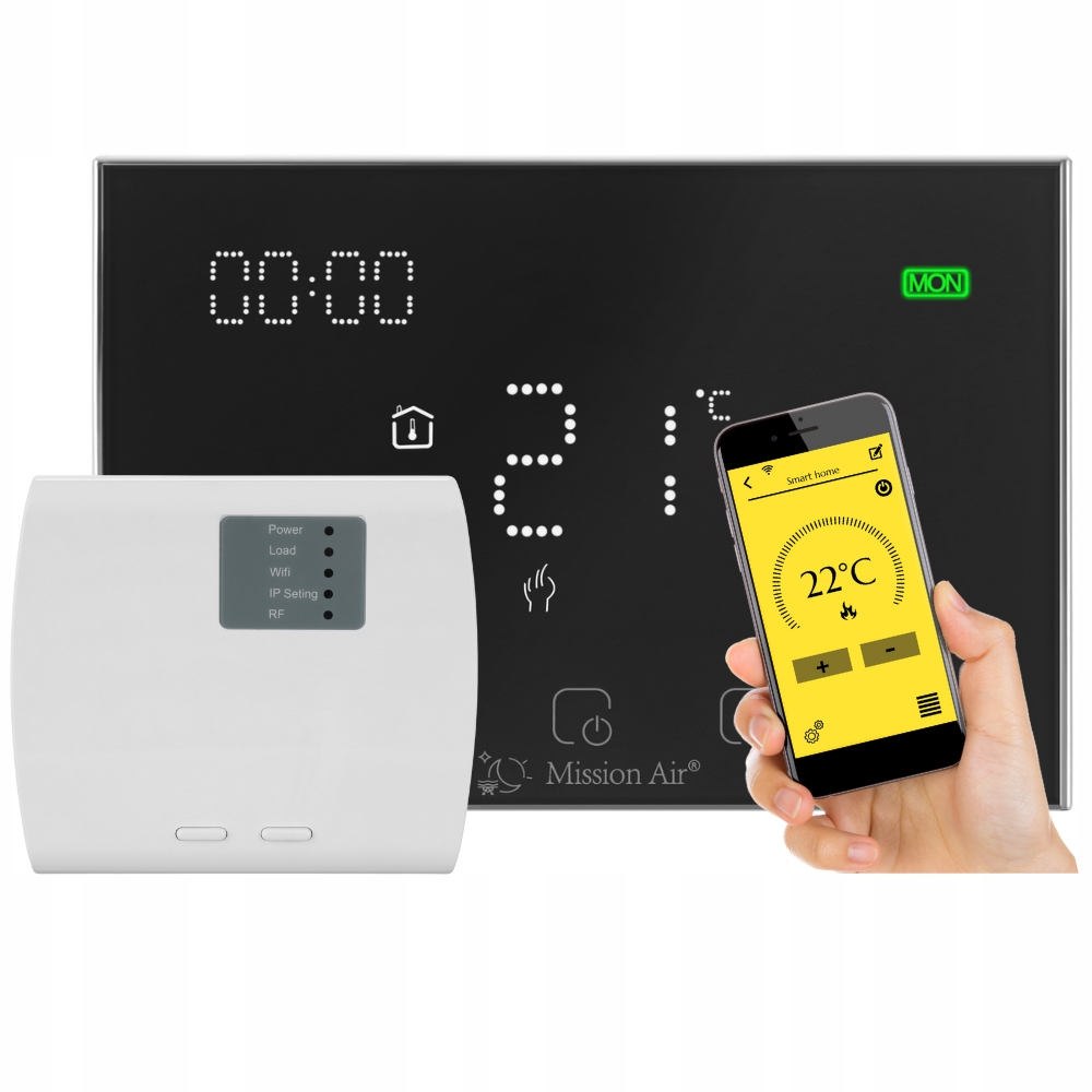Biała jednostka sterująca i smartfon zarządzają czarnym wyświetlaczem pokazującym 22°C.