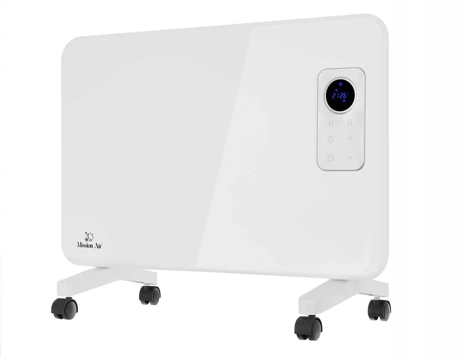 Biały, mobilny grzejnik elektryczny z cyfrowym wyświetlaczem i kółkami.