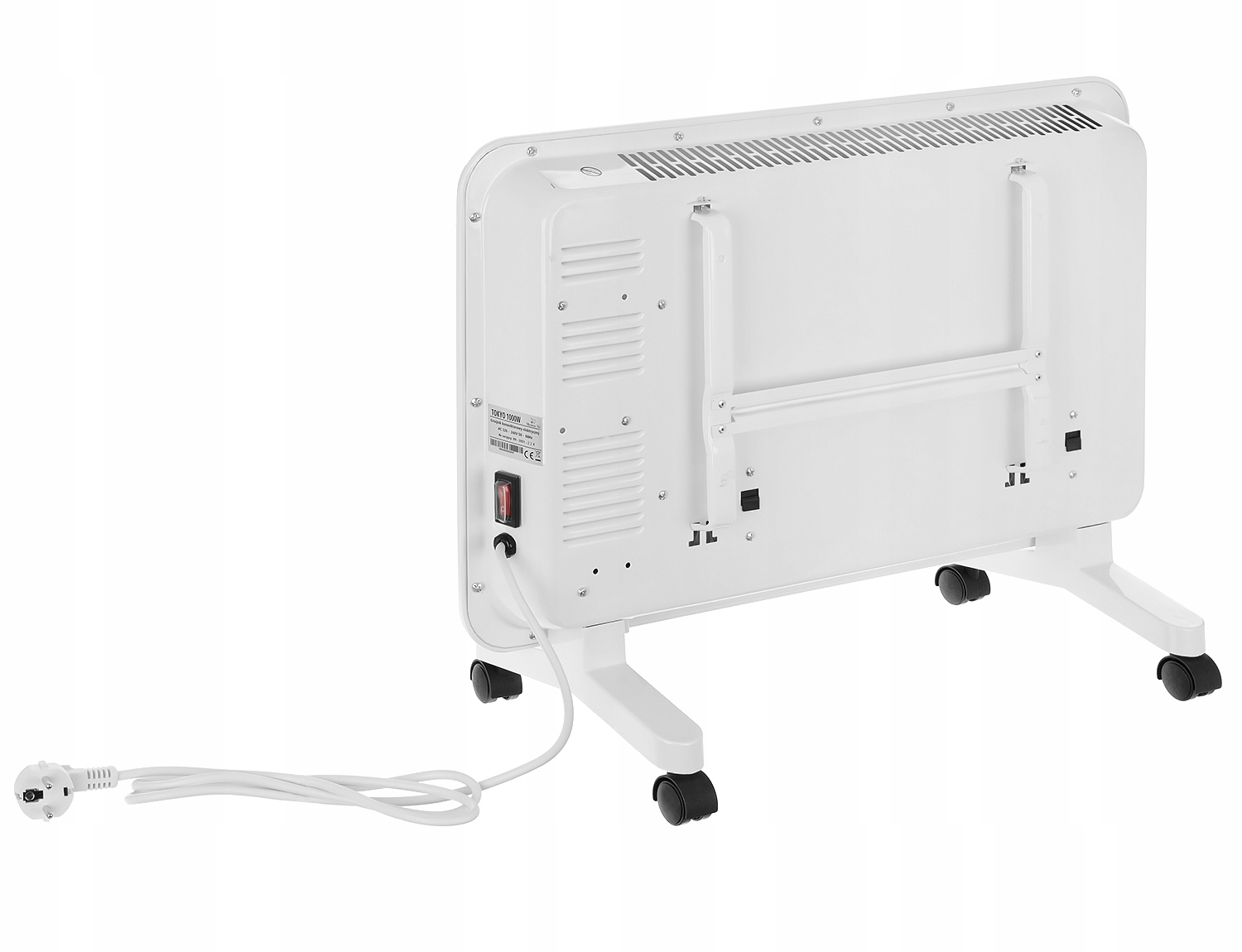 Biały grzejnik konwektorowy z kółkami i białym kablem zasilającym.