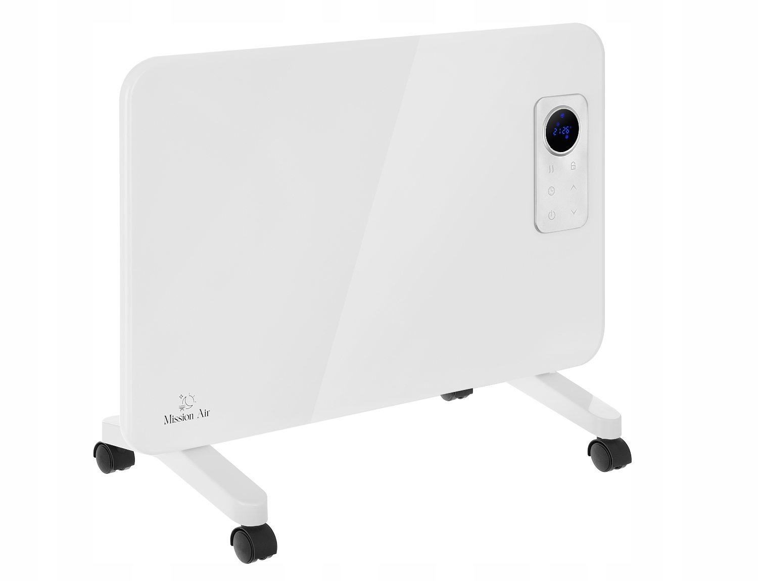 Biały grzejnik elektryczny na kółkach z cyfrowym wyświetlaczem i sterowaniem.