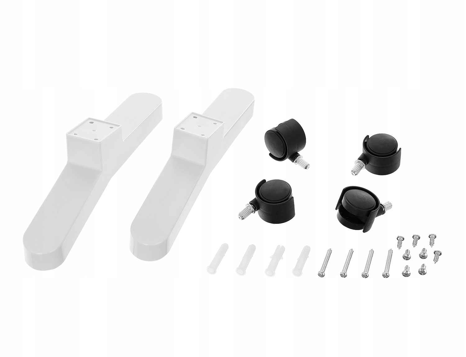 Dwa białe stopy, cztery czarne kółka i śruby na białym tle.