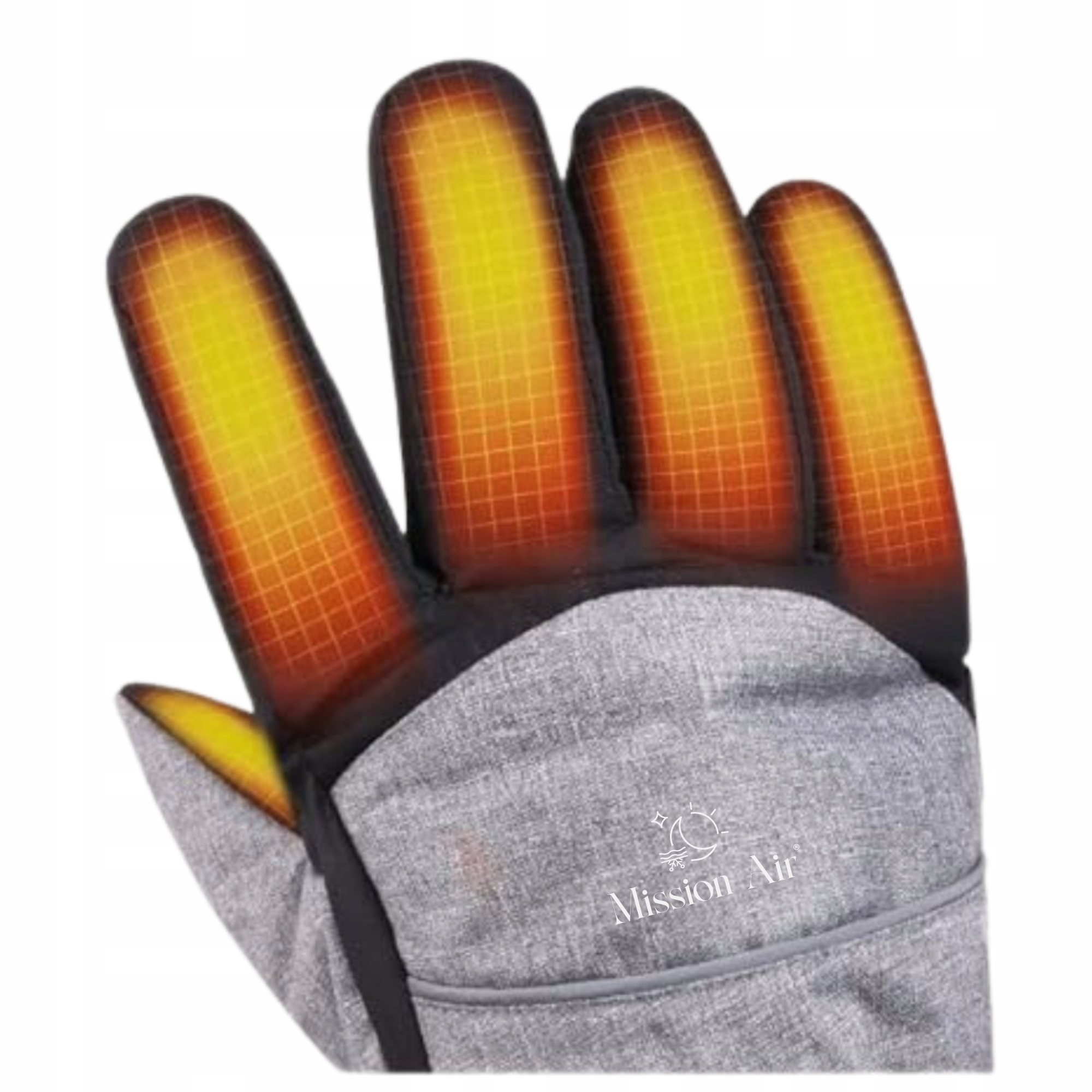 Szara rękawica podgrzewana z świecącymi pomarańczowymi palcami i wzorem kratki.