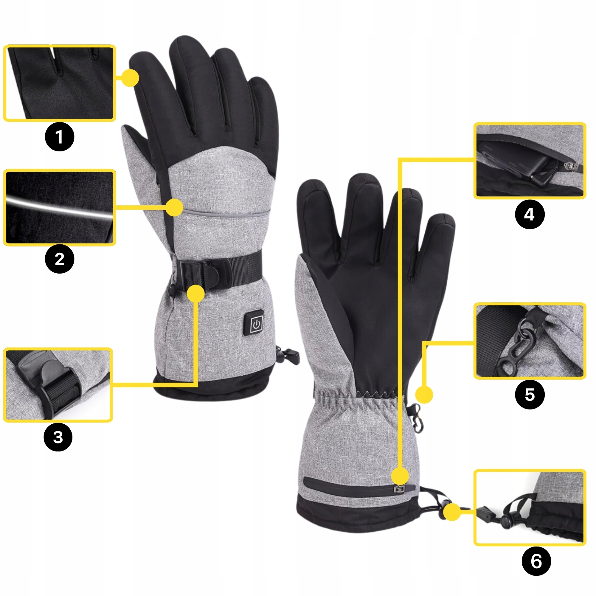 Szare i czarne rękawice z kieszenią na zamek, klamrą i ściągaczem.