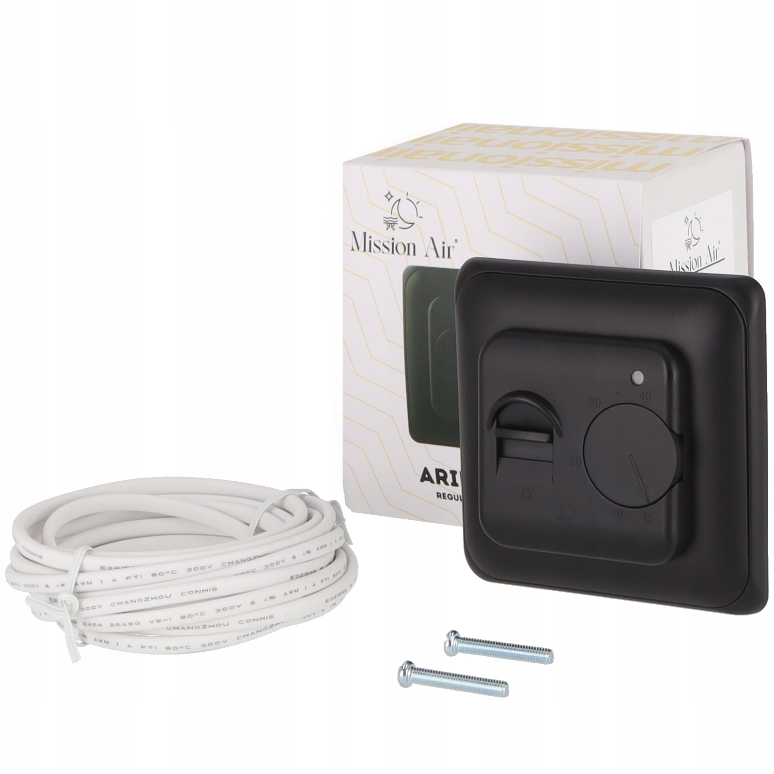 Czarny termostat z pokrętłem temperatury, zwiniętym białym kablem i śrubami.