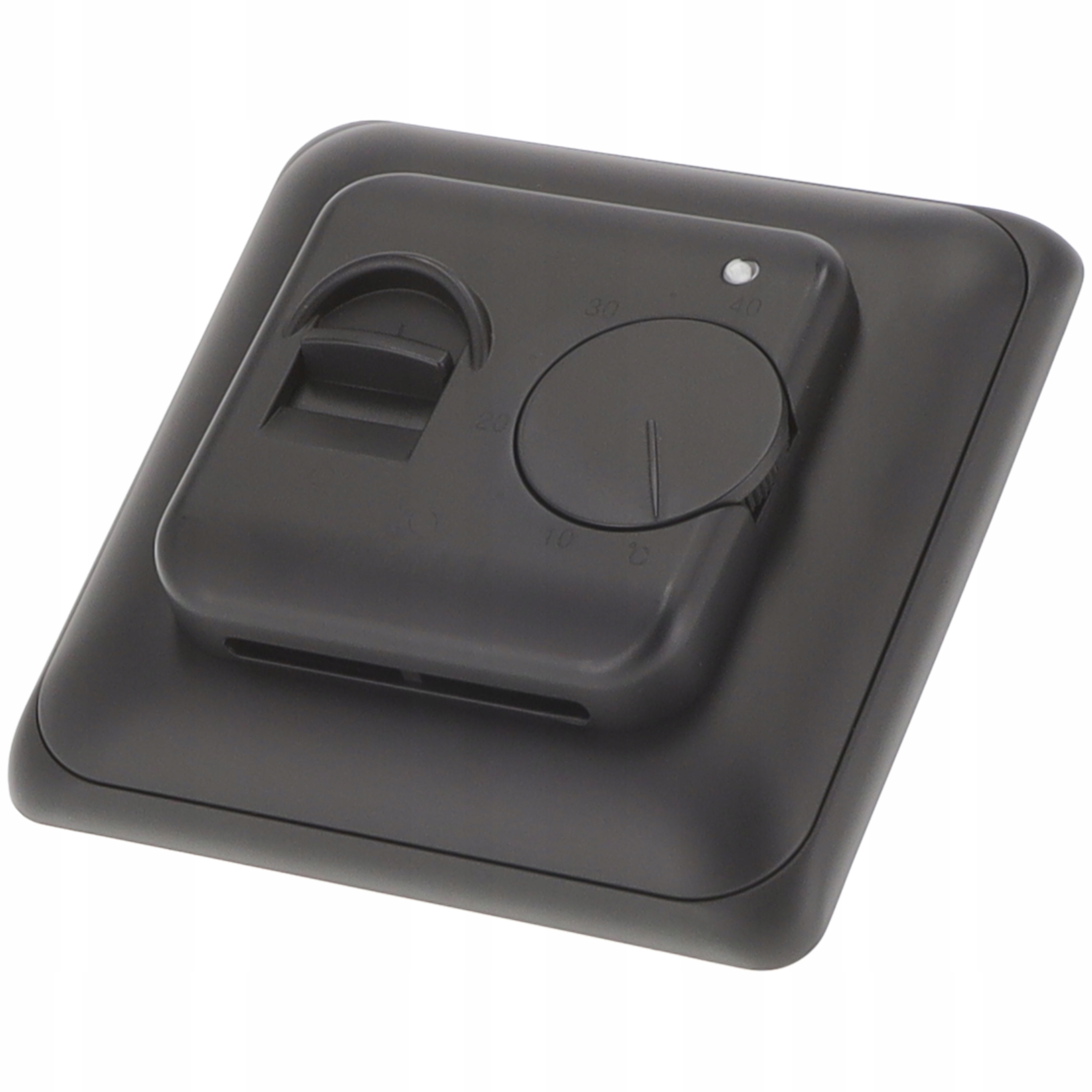 Czarny termometr ze skalą 10-40 stopni Celsjusza i pokrętłem regulacji.