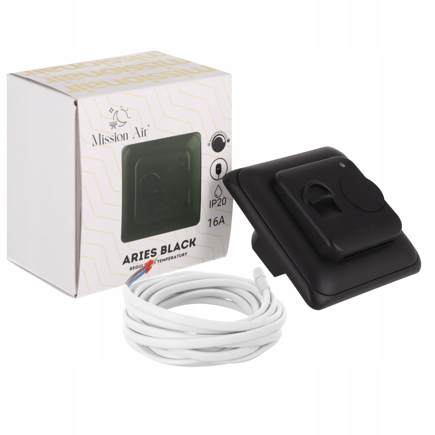 Czarny termostat z kablem i opakowaniem.