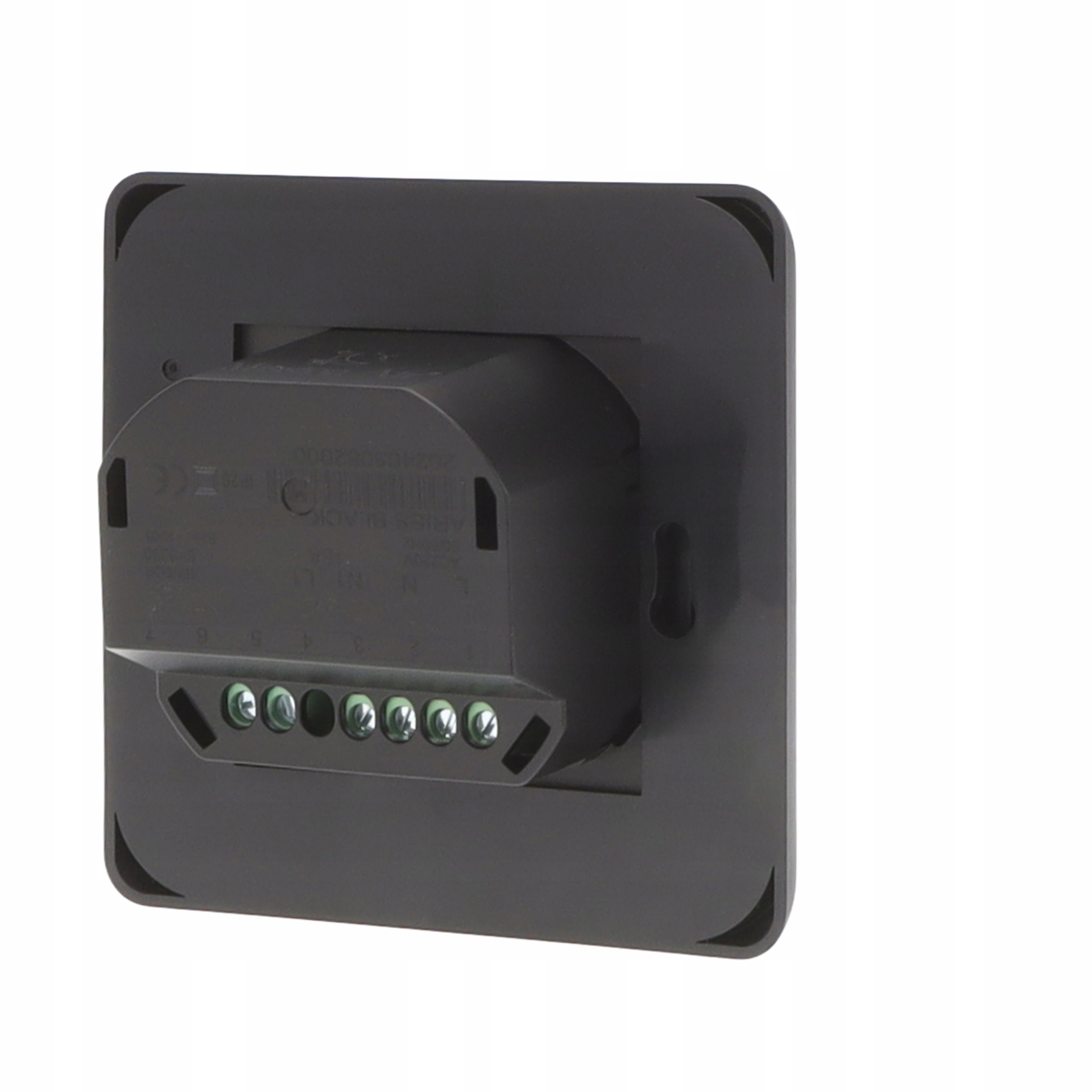 Tył czarnego przełącznika ze złączami śrubowymi i etykietami.