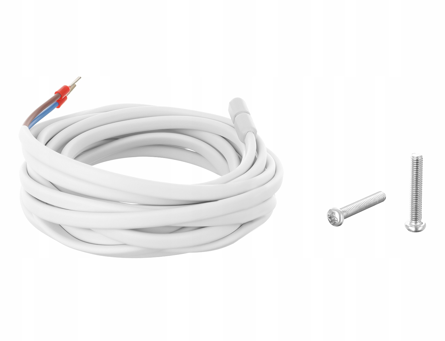 Biały kabel z odsłoniętymi końcami i dwie śruby na białym tle.