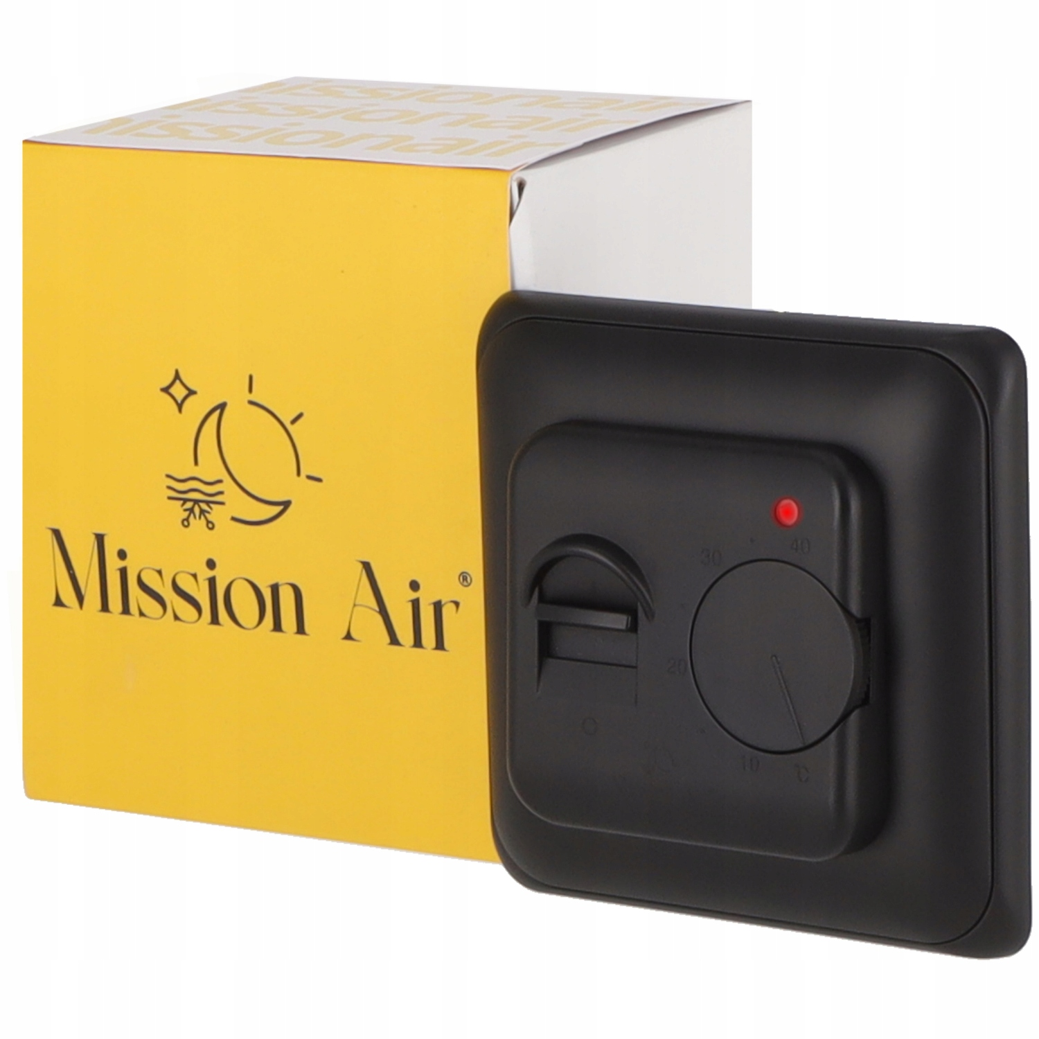 Czarny termostat z czerwoną lampką i pokrętłem obok żółtego pudełka z logo Mission Air.