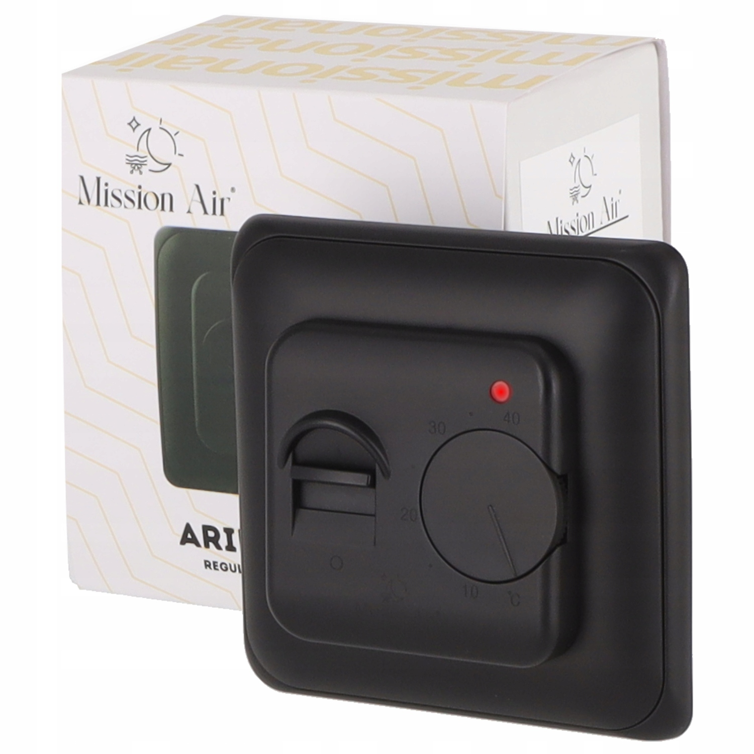 Czarny termometr z podziałką 10-40°C obok pudełka Mission Air.