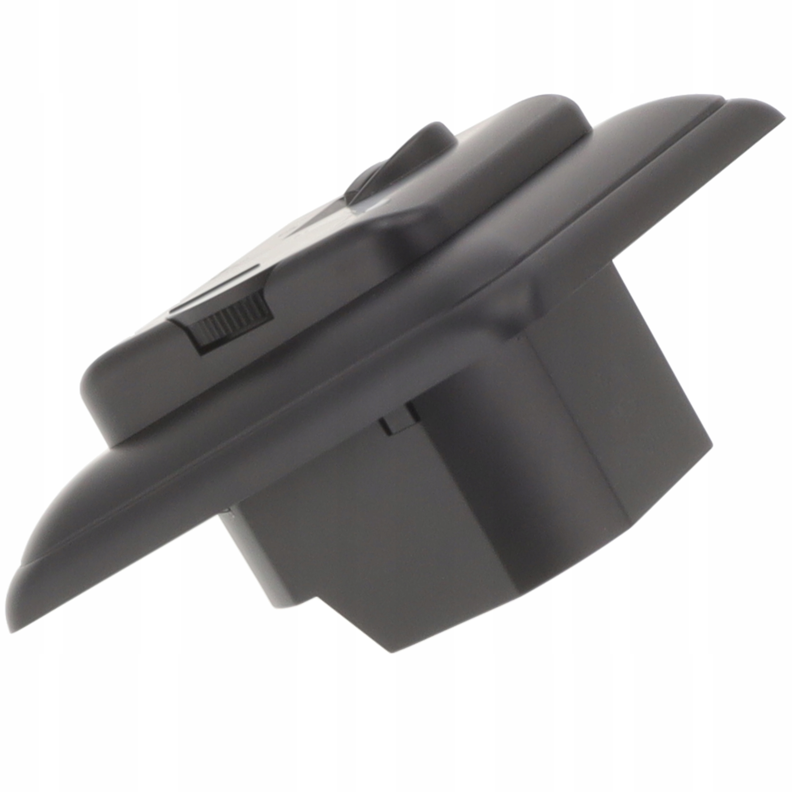 Czarny plastikowy element z suwakiem i prążkowaną teksturą.