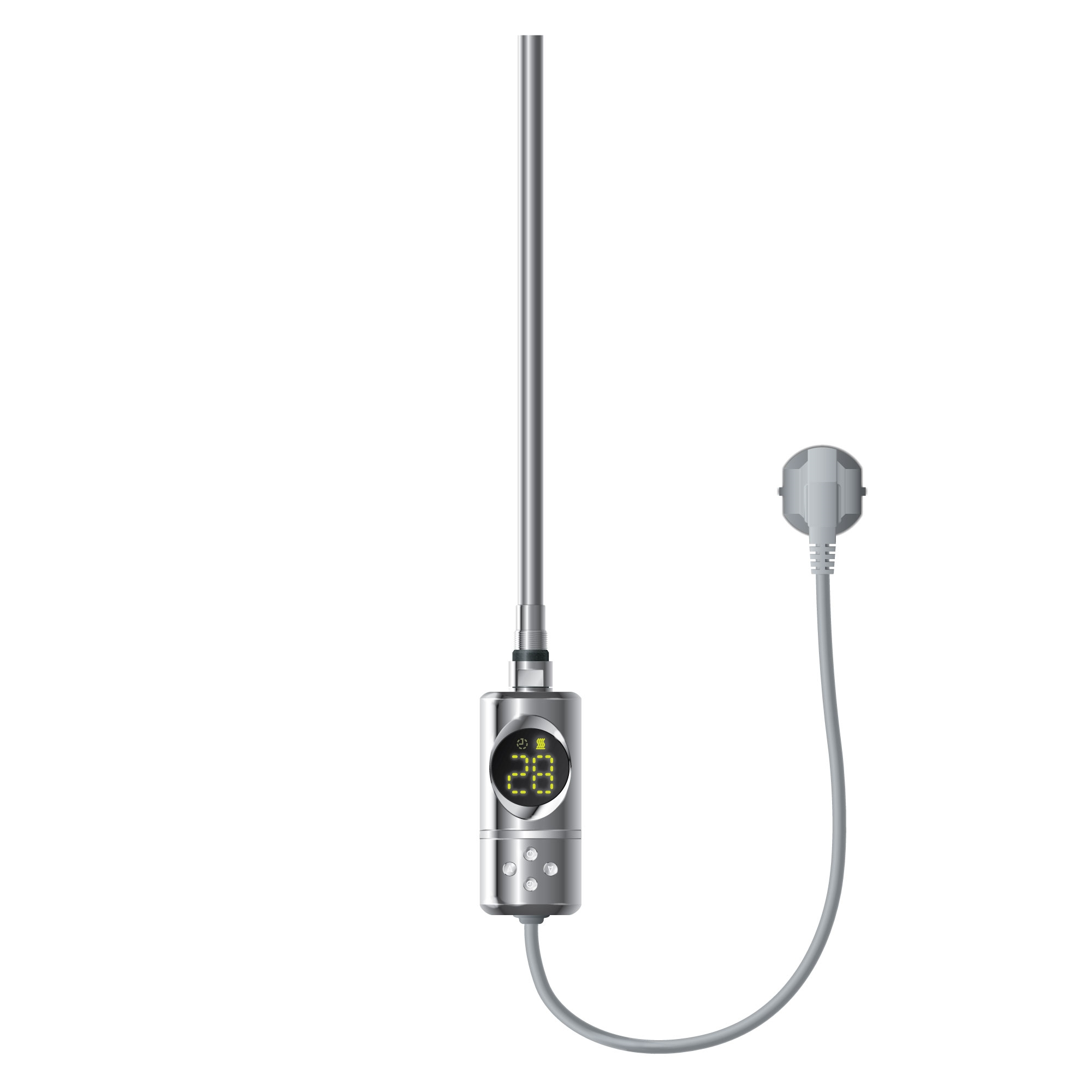 Chromfarbener Heizstab mit digitaler Anzeige, die 28°C anzeigt, und einem Stecker.